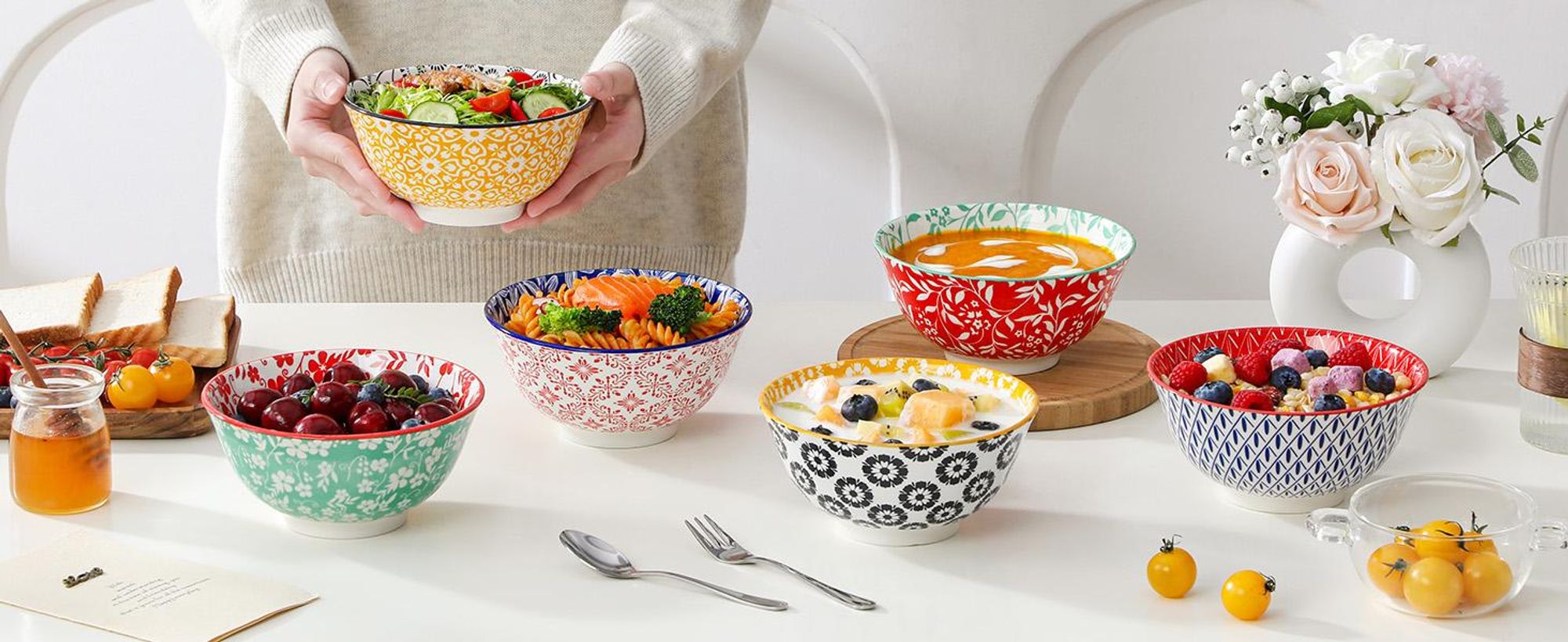 vancasso Schalen Set, Pastaschalen für 6 Personen, Buntes Unterglasur-Porzellan, Salatschüssel, für Ramen, Dessert, Suppen, Müsli, Pasta