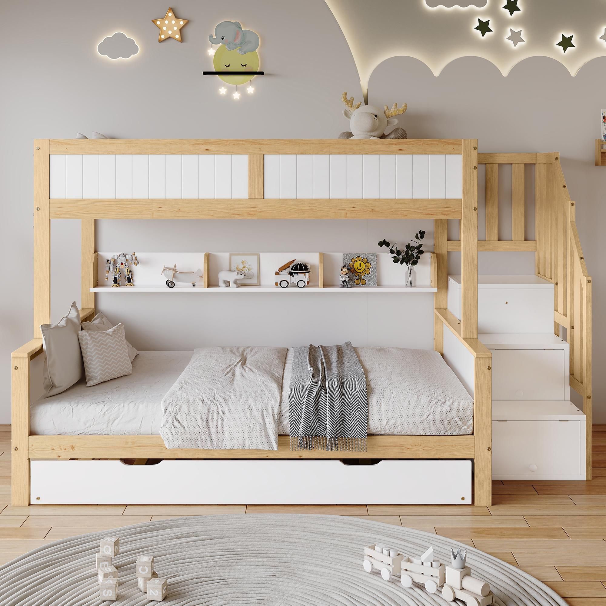 Flieks Etagenbett 90x200 / 120x200cm mit Ausziehbett, Hochbett mit Treppe, Kinderbett mit Ablagen, Stockbett mit Rausfallschutz und Lattenrost