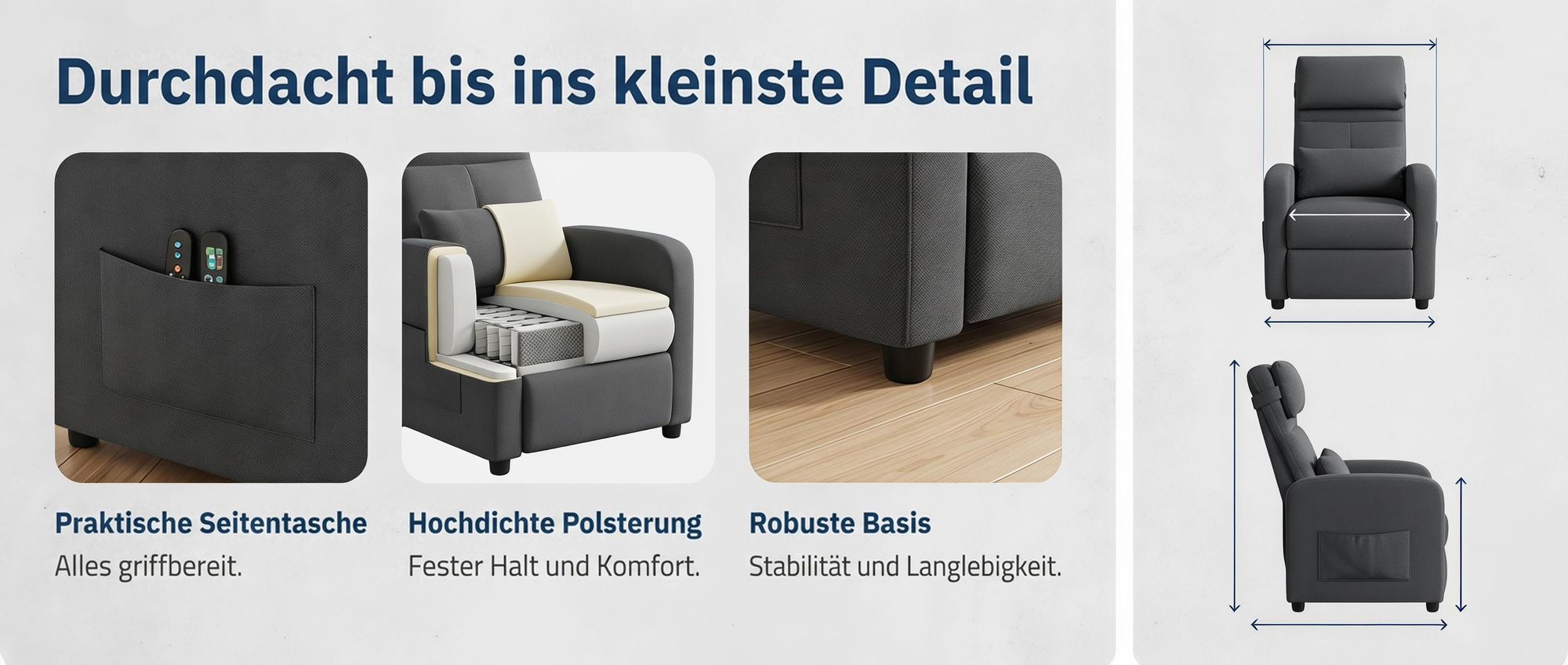 Elektrischer Relaxsessel mit Massage, Fernsehsessel Elektrisch Grau mit Liegefunktion, TV Sessel Elektrisch, Liegesessel 90°–150° verstellbar, Wohnzim