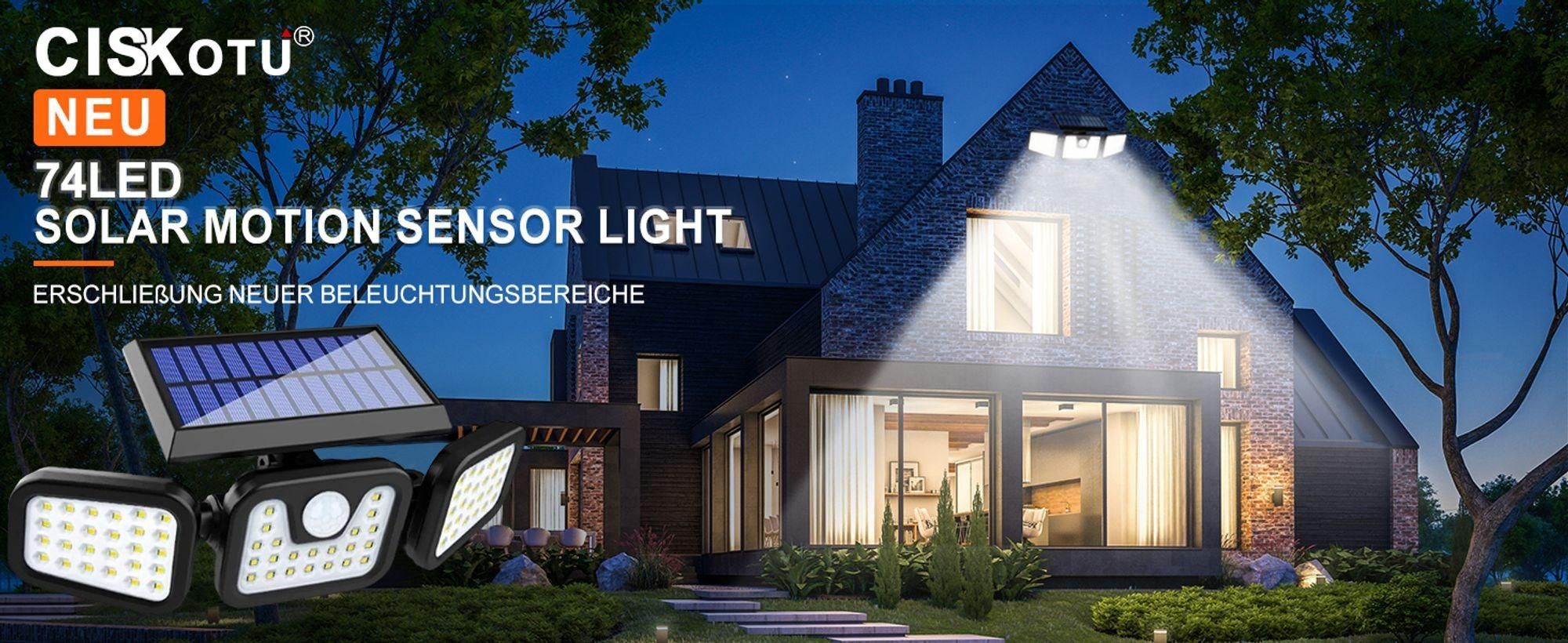 Solarleuchten Außen mit Bewegungsmelder, 74 LED Solar Strahler Außen, 360° Drehbar, 3 Modi Wandleuchte, 2400mAh Solar Außenleuchte, LED Solarlampen