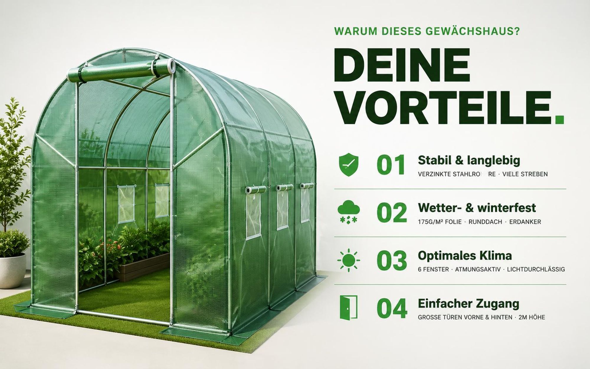Folien Gewächshaus TOM GH-600 | 6 m² 200×200×300 cm (B×H×T) | 140g/m² | Gitterschutzfolie | Wasserfest | UV-Beständig Erdanker
