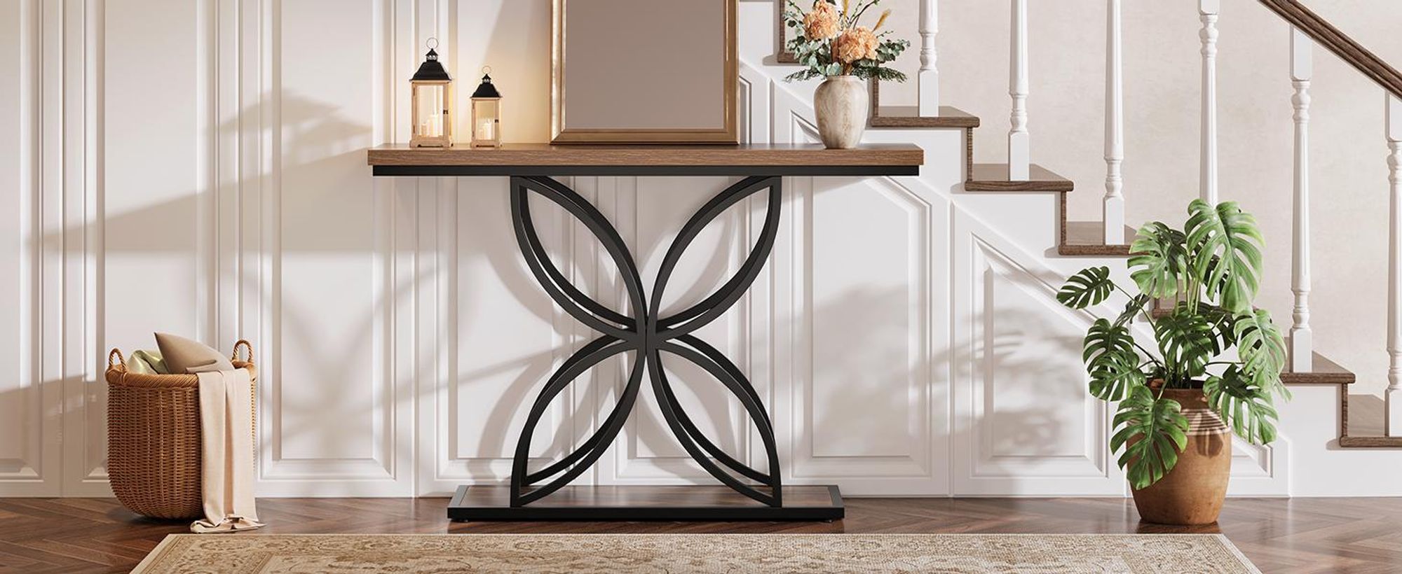 Tribesigns Farmhouse Konsolentisch, 120 cm Eingangstisch mit Metallrahmen, langer schmaler Sofatisch aus Holz hinter der Couch Flur, Eingang, Braun