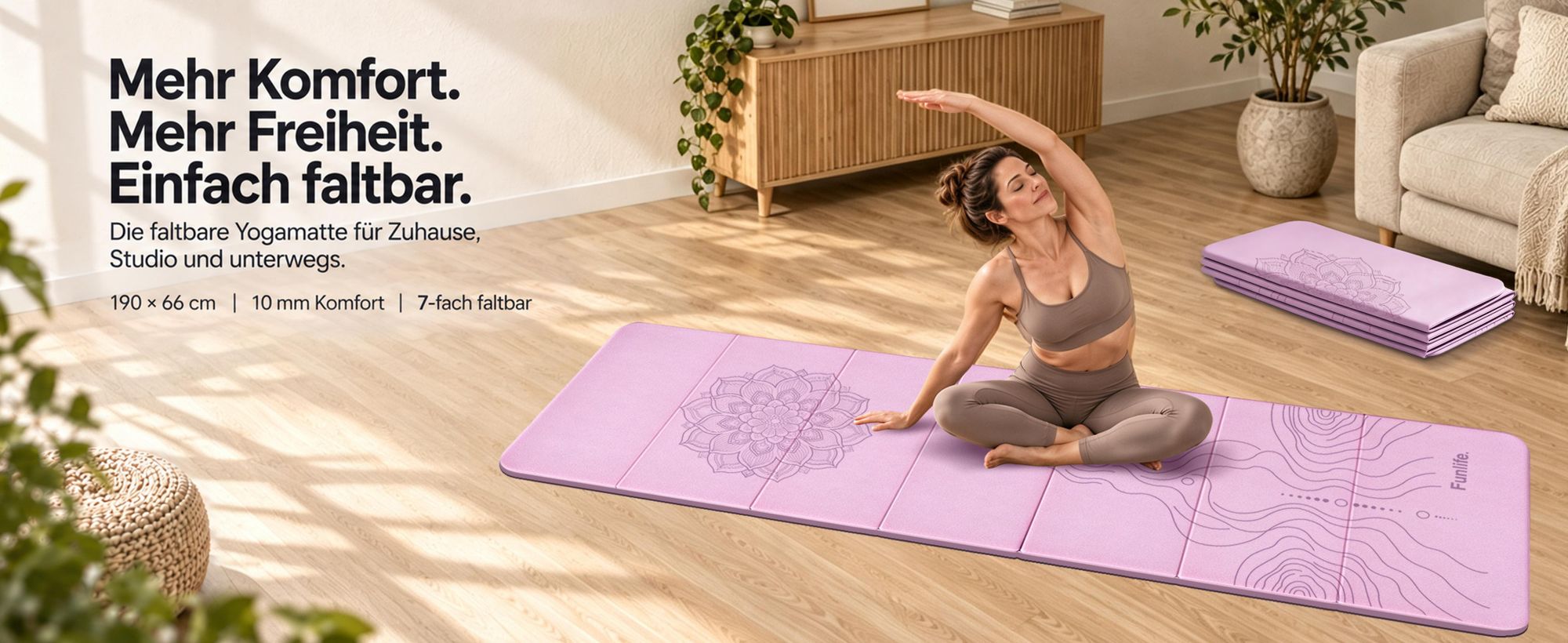 Funlife Falt-Yogamatte 190 × 66 cm – 10 mm Komfort für Zuhause, Studio und unterwegs