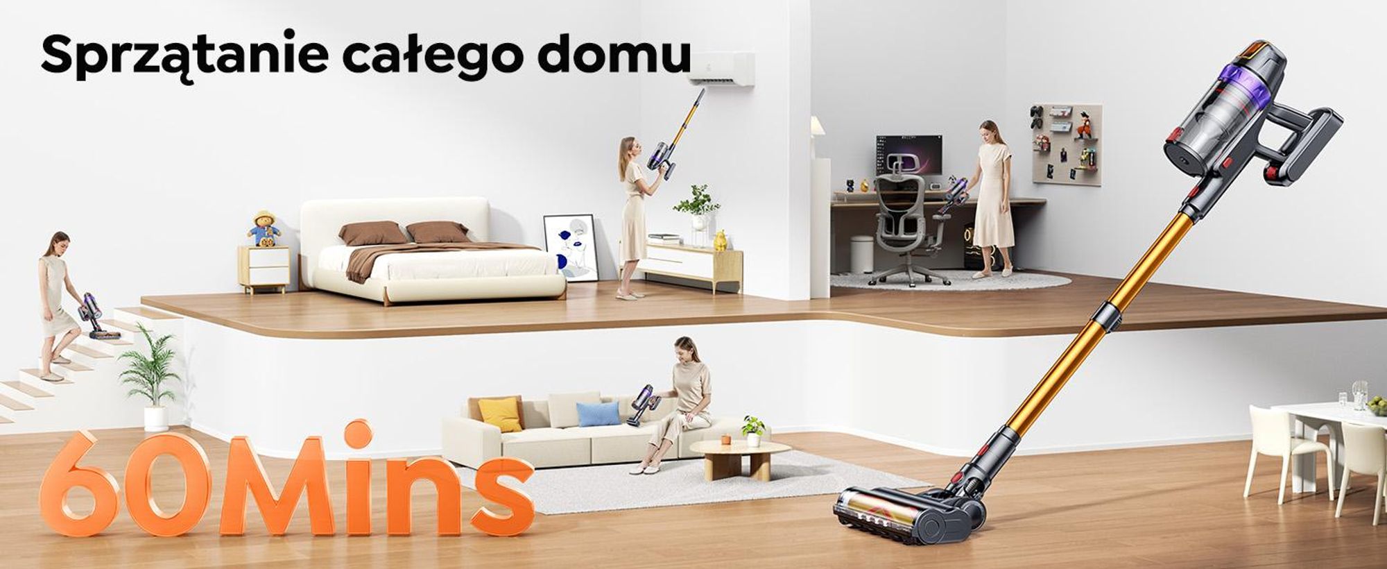 Odkurzacz bezprzewodowy Buture VC90, odkurzacz bezprzewodowy 650W/65KPA z ekranem dotykowym, czas pracy do 60 minut, odkurzacz bezprzewodowy zapobi