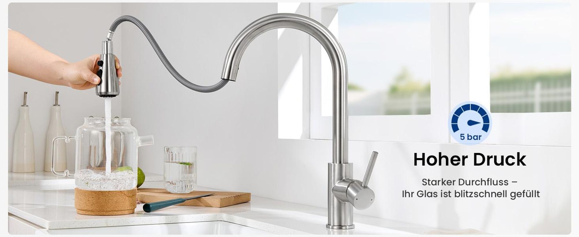 AjieQaQ Wasserhahn Küche ausziehbar, 304 Edelstahl gebürstet, 2 Strahlarten, hoher Auslauf, 360° schwenkbar