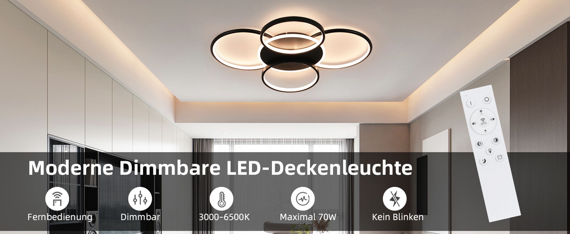 ZMH Deckenlampe LED Deckenleuchte 70W Wohnzimmer Wohnzimmerlampe Dimmbar mit Fernbedienung 5 Ringen Schwarz Schlafzimmerlampe Acryl Deckenbeleuchtung