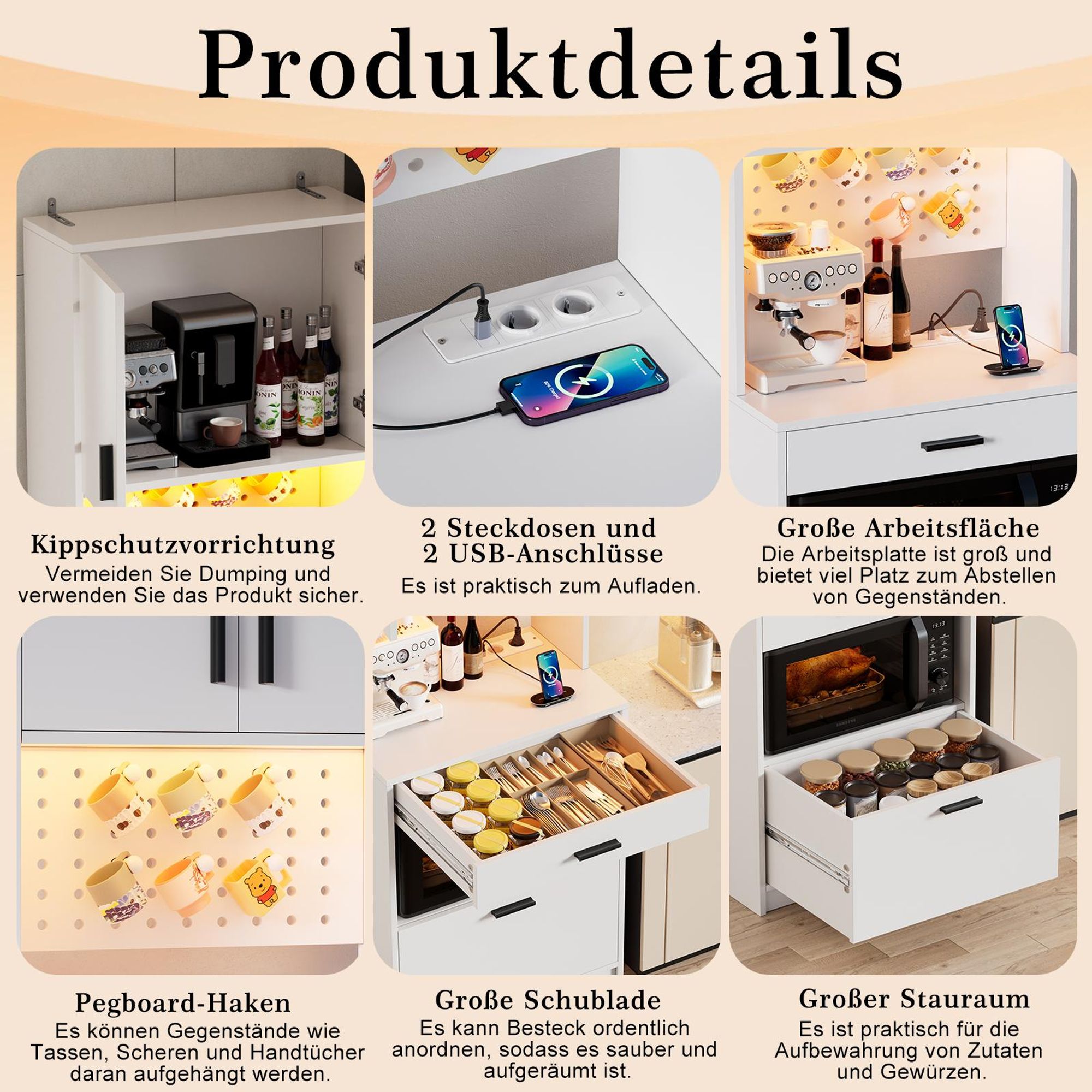 TWSOUL Buffet Mikrowellenregal mit Steckdosen & LED Küchenschrank mit Pegboard, Schublade & USB, Stauraum Weiß