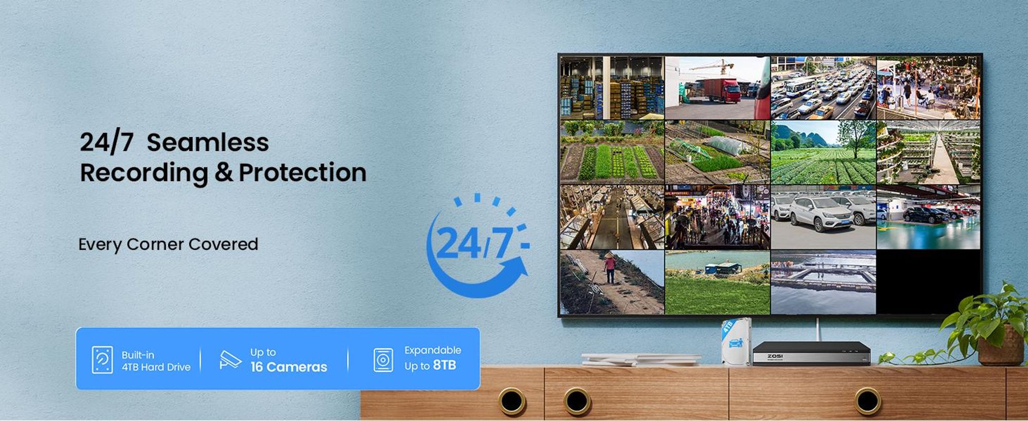 ZOSI 1080P 16CH Überwachungskamera Set Aussen, Personen- und Fahrzeugerkennung, 4TB DVR Rekorder, Videoüberwachung für Haus- und Geschäftsüberwachung