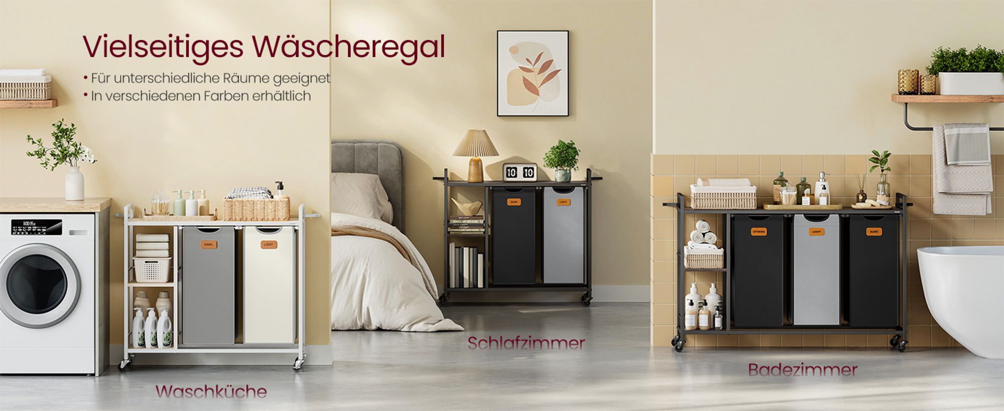 VASAGLE Wäschekorb 2 Fächer,Wäschesammler 100 L,Rollen, Wäschewagen mit Ablagen