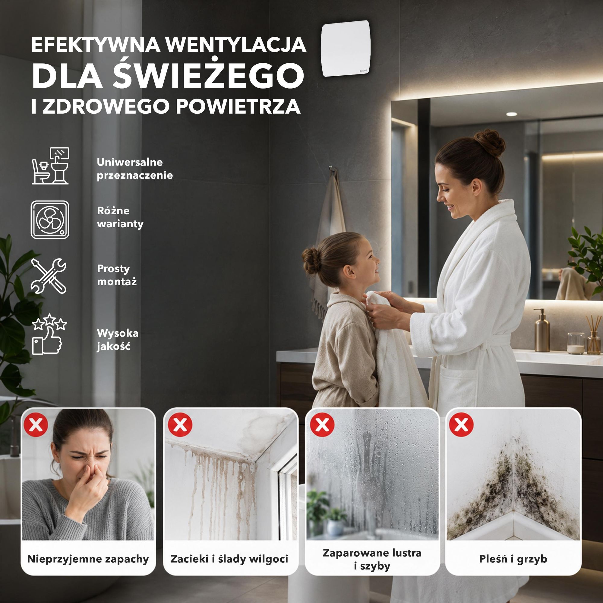 EBERG AXI 150 Wentylator Łazienkowy 150 mm Klapa Zwrotna Biały