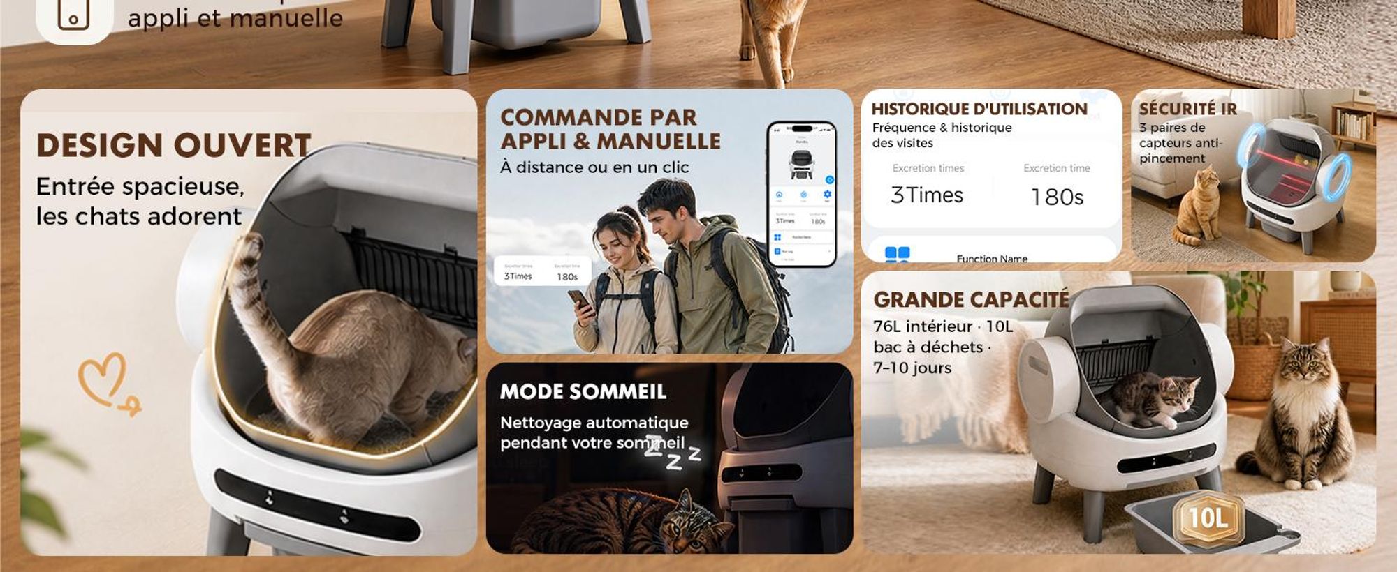 Litière automatique pour chat GTPLAYER, avec système autonettoyant, bac à déchets de 10 litres, contrôle via application avec écran et fonction anti-encrassement, compatible avec tous les types de litière