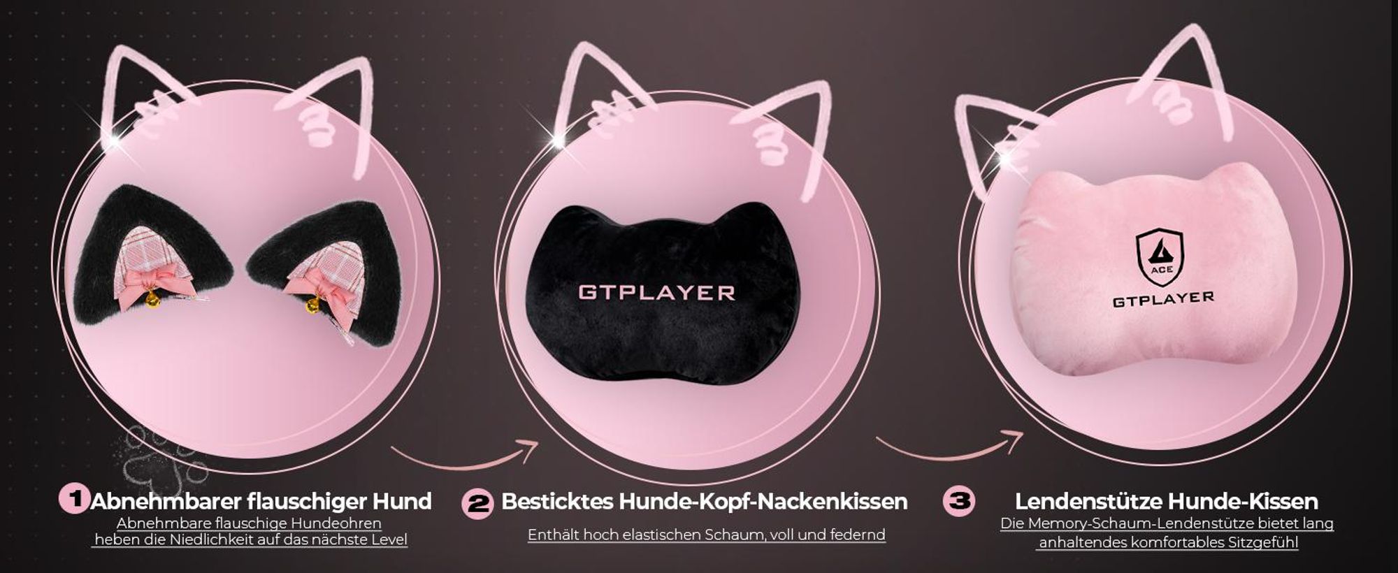 GTPLAYER Niedlicher Gaming Stuhl mit Samtstoff, Gaming Chair, ergonomischer Bürostuhl Gamer Stuhl mit Katzenohren, Memory-Schaum und Fußstütze, 150kg