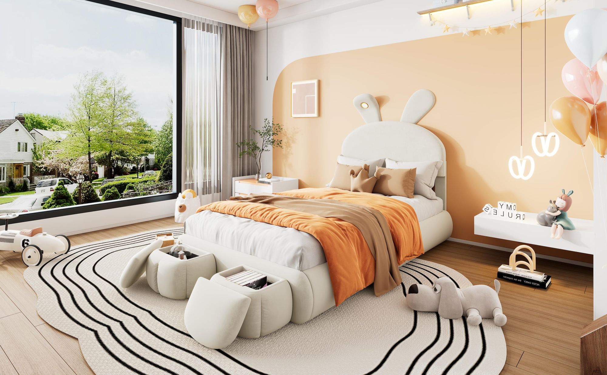 MODFU Kinderbett Polsterbett 90×200 mit warmfarbene LED, Jugendbett Einzelbett mit Kopfteil in Hasenohrenform und zwei Aufbewahrungshockern.Beige