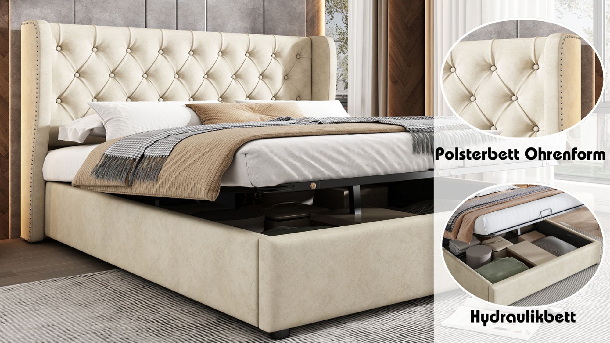 okwish Polsterbett 160×200cm Hydraulisches Doppelbett mit Stauraum, Stauraumbett Jugendbett mit Bettkasten, Samtstoff,Beige(ohne Matratze）