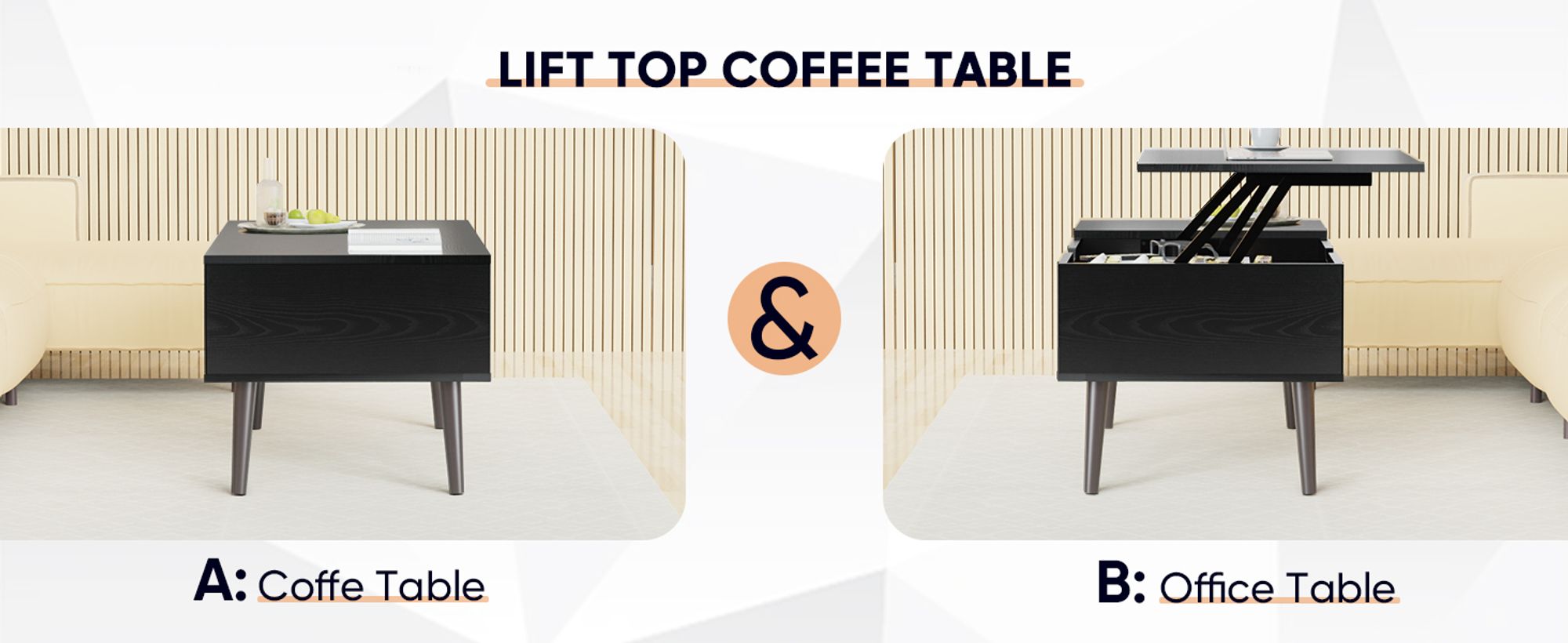 Sweetcrispy Couchtisch Höhenverstellbar, Qualität Wohnzimmertisch, Multifunktionales Coffee Table Ausziehbar, Couchtisch mit Stauraum (Schwarz)