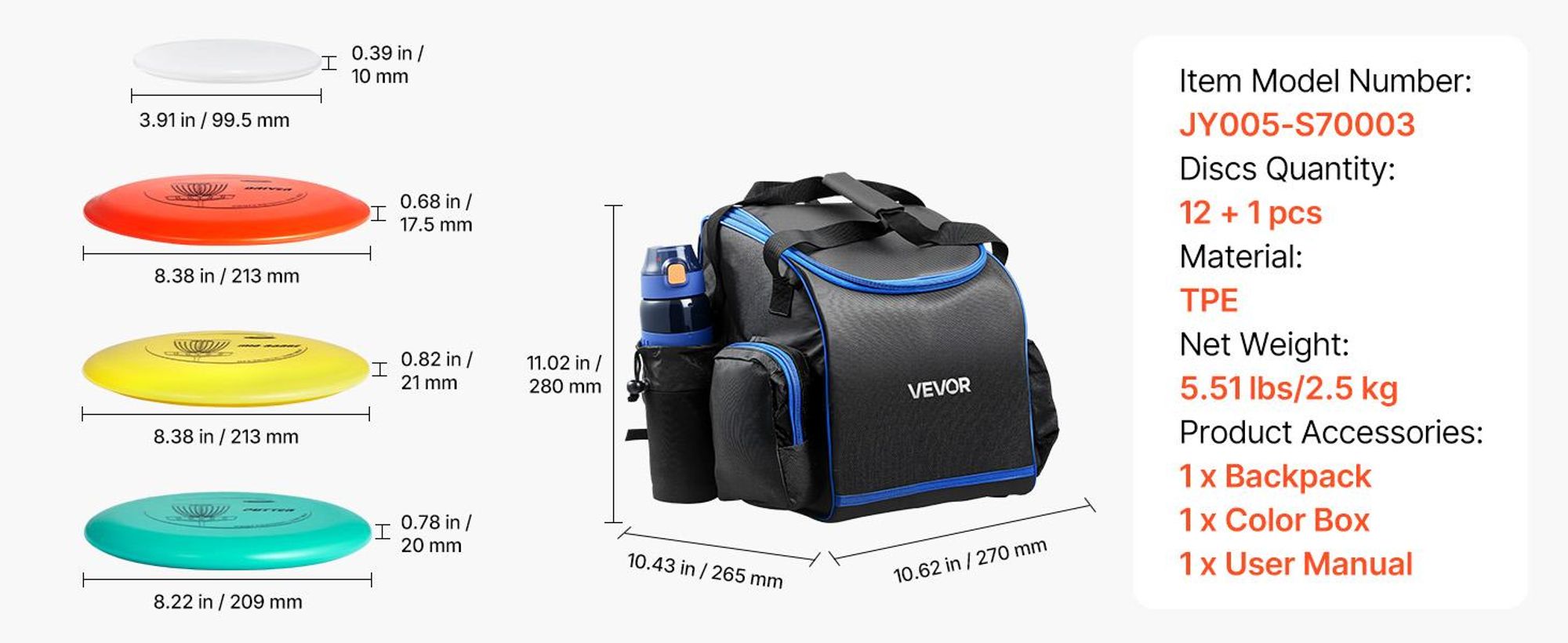 VEVOR Disc Golf Set, 6 PCS Fliegende Scheiben für Anfänger, Disc Golf Starter Set, mit Putter, Mid-Range, Driver, einschließlich Mini Marker, tragbarem Rucksack, für Outdoor, Garten, Rasen, Strand und Park, 12 Stück mit Tasche