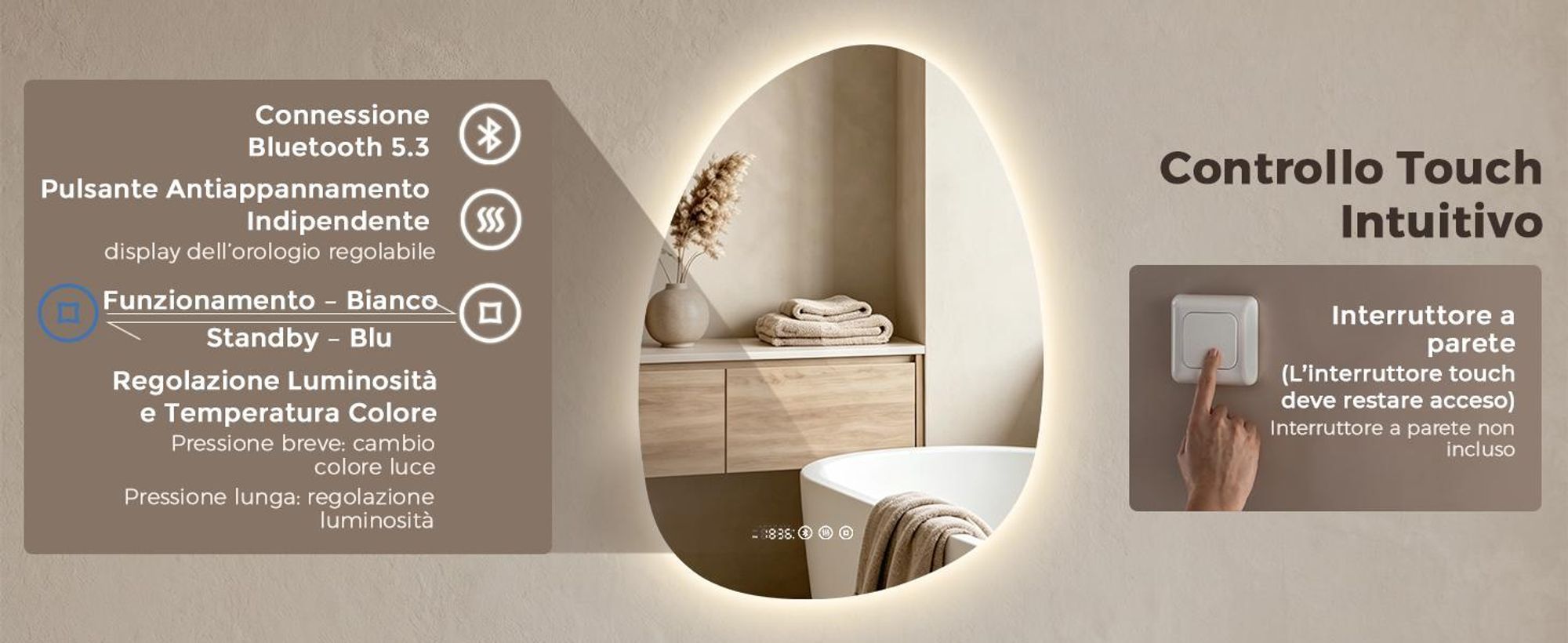 Espejo de baño iluminado S'AFIELINA, diseño asimétrico, 60 x 45 cm, con 3 colores de luz regulables, antiniebla, Bluetooth, reloj, temperatura y función de memoria