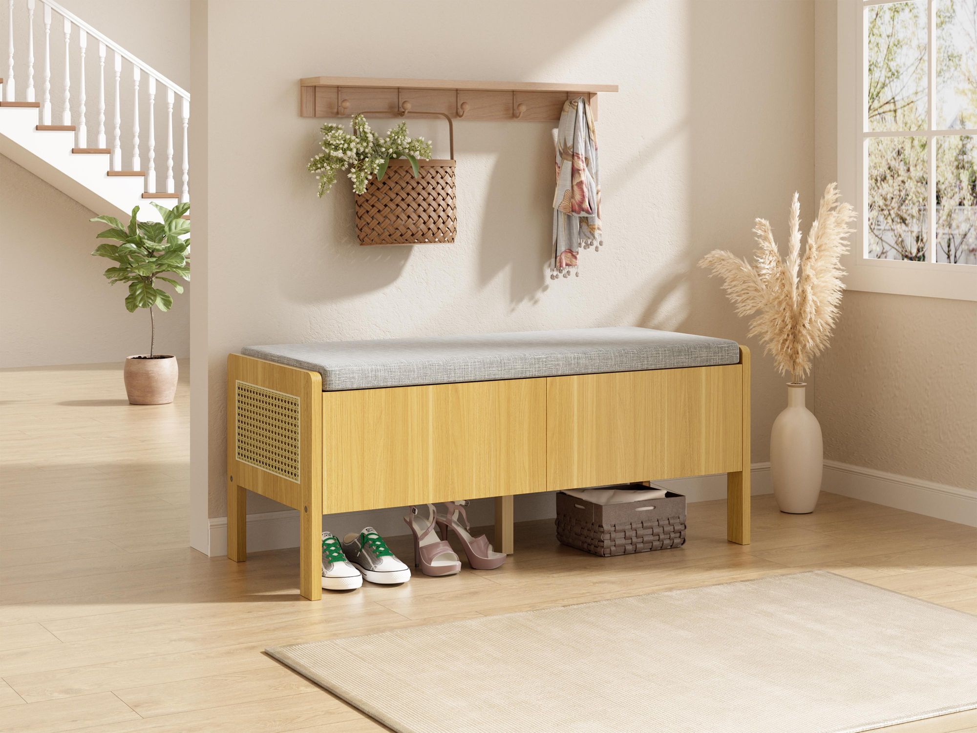 Merax Sitzbank, Schuhbank mit Sitzkissen und 2 Schubladen, Aufbewahrungsbank mit Stauraum und Rattan, Flur Schlafzimmer, Polsterbank modern, Natur
