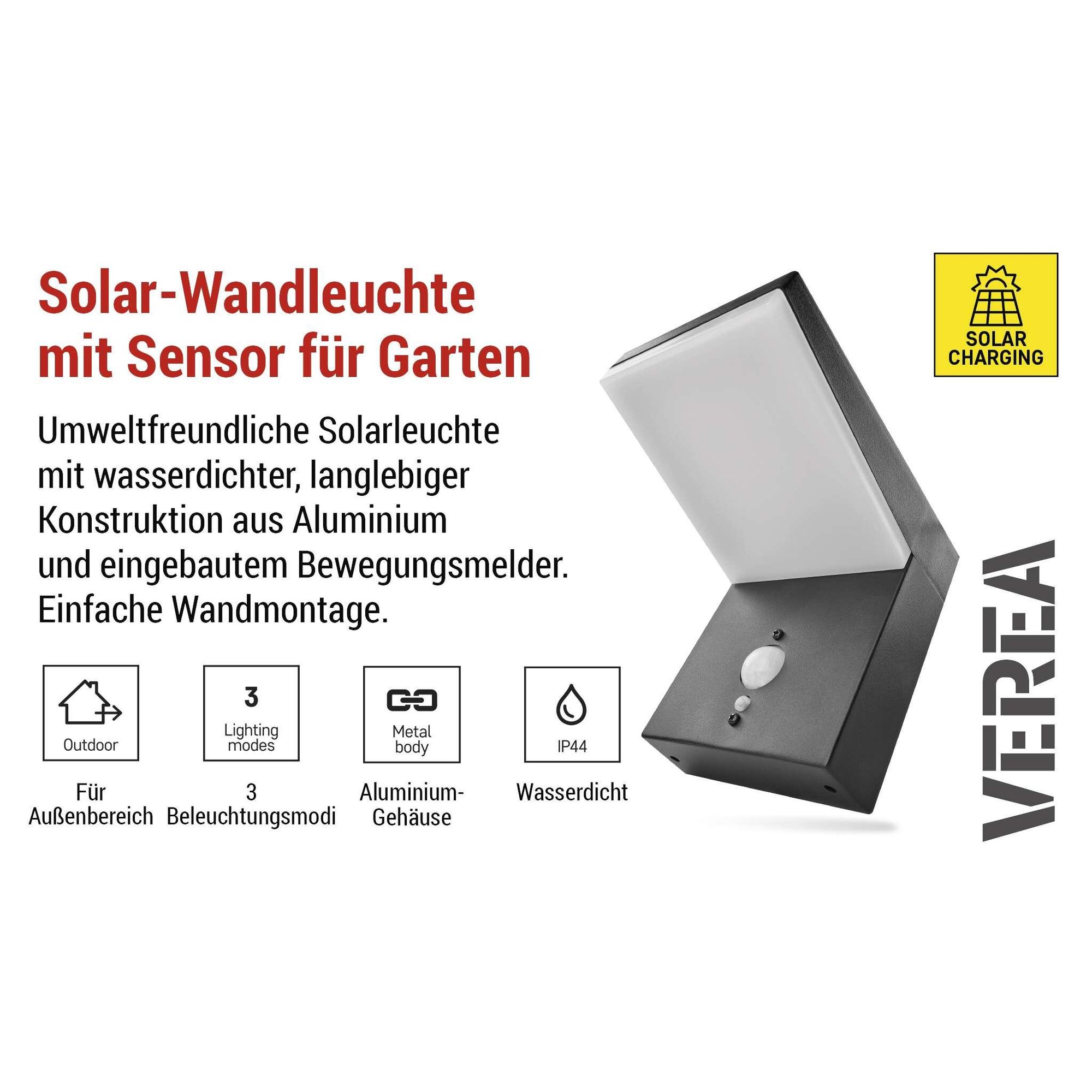 EMOS Solar LED-Wandleuchte VEREA mit Bewegungsmelder für Haus und Garten, wasserdicht, 460lm, Warmweiß, aus Aluminium zur Wandmontage, ZGK044S