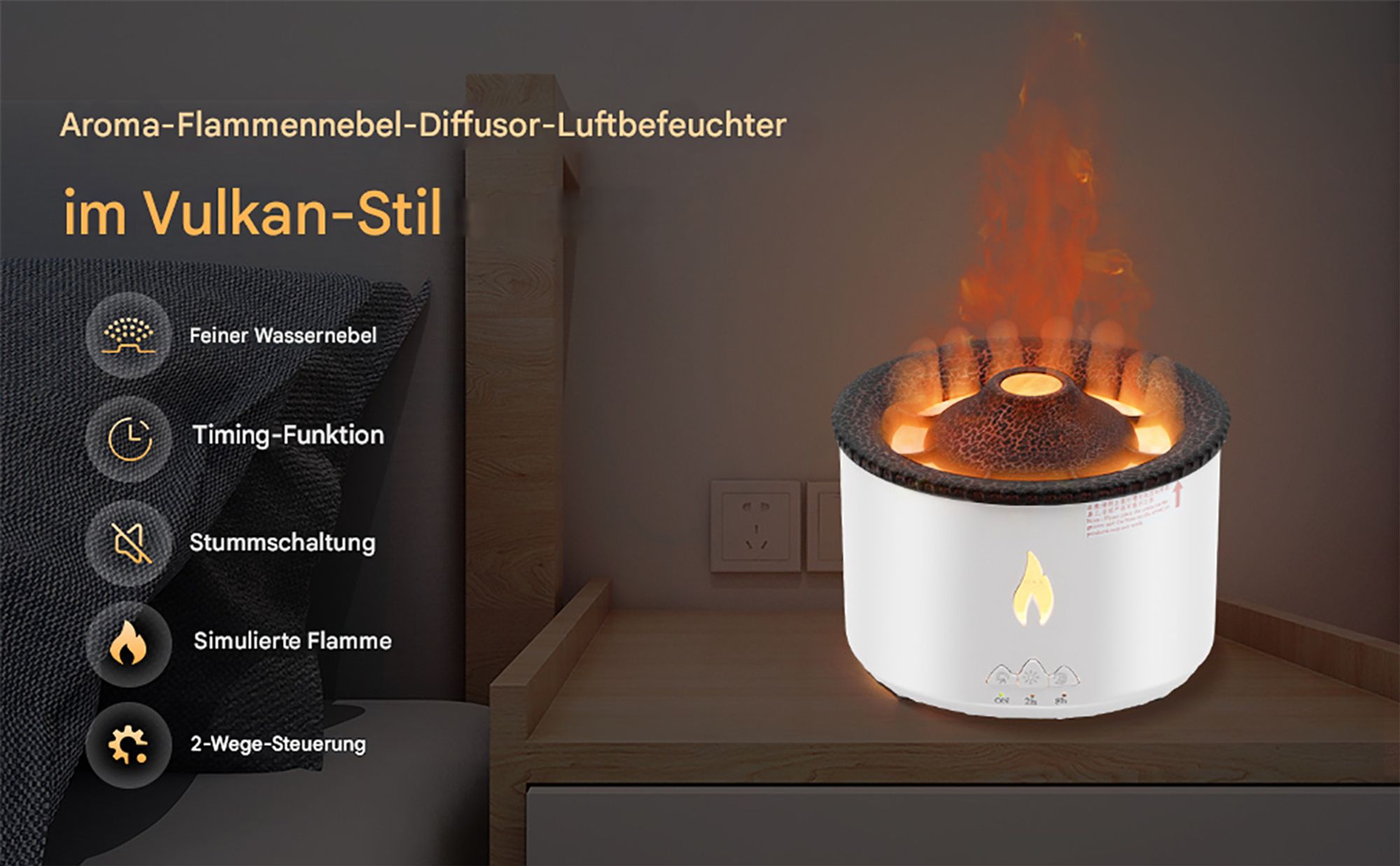 Diffusor, 360ml Vulkan Diffusor, Flammen-Aroma-Diffusor, Elektrische Timing-Funktion, Lichtwechsel, Nachtlicht & Fernbedienung Luftbefeuchter, Vulkan
