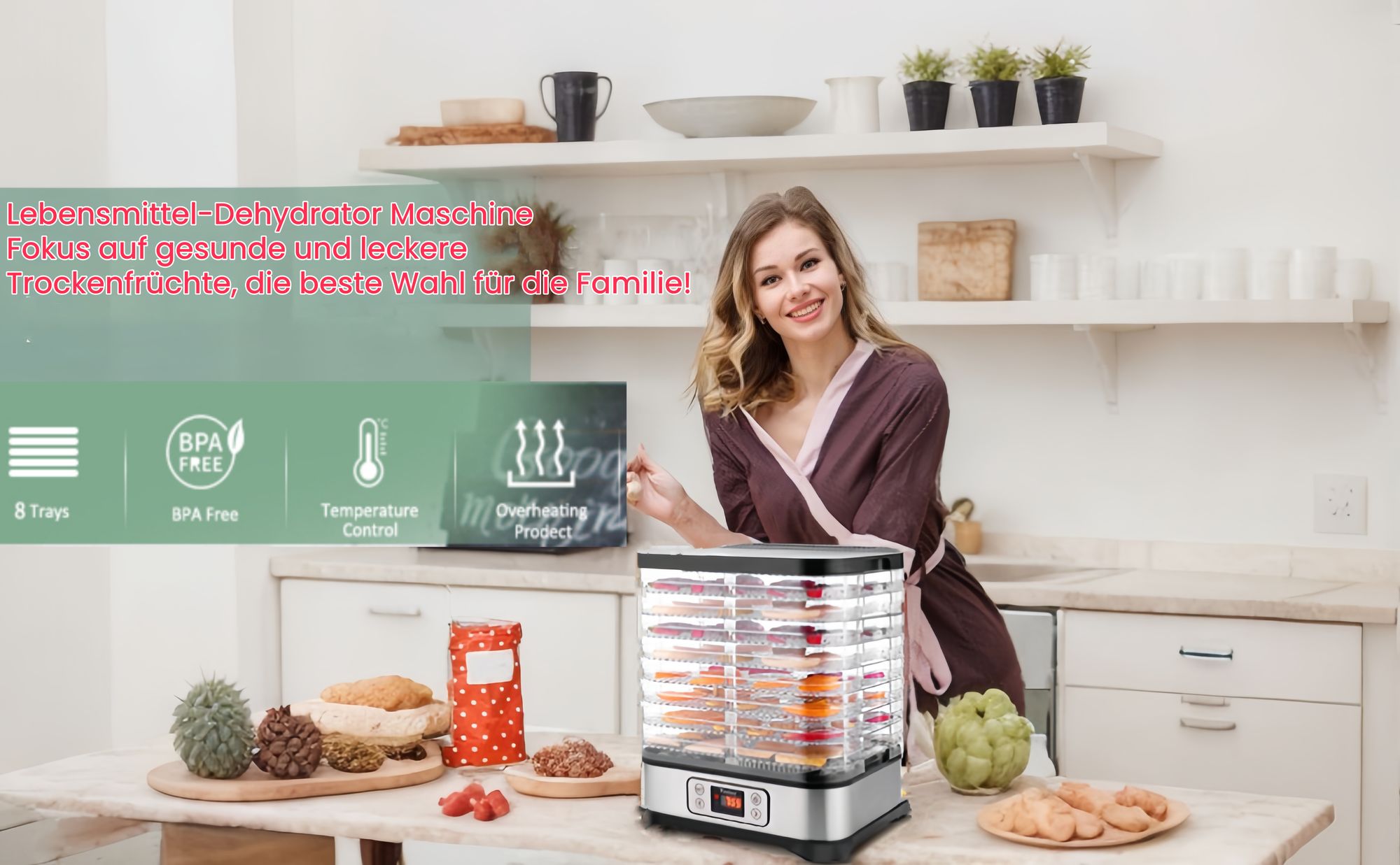 Tooluck 400W Edelstahl Dörrgerät mit 8 Ebenen, Digitalanzeige, einstellbarem Timer und Temperatur (35-70℃), BPA-frei