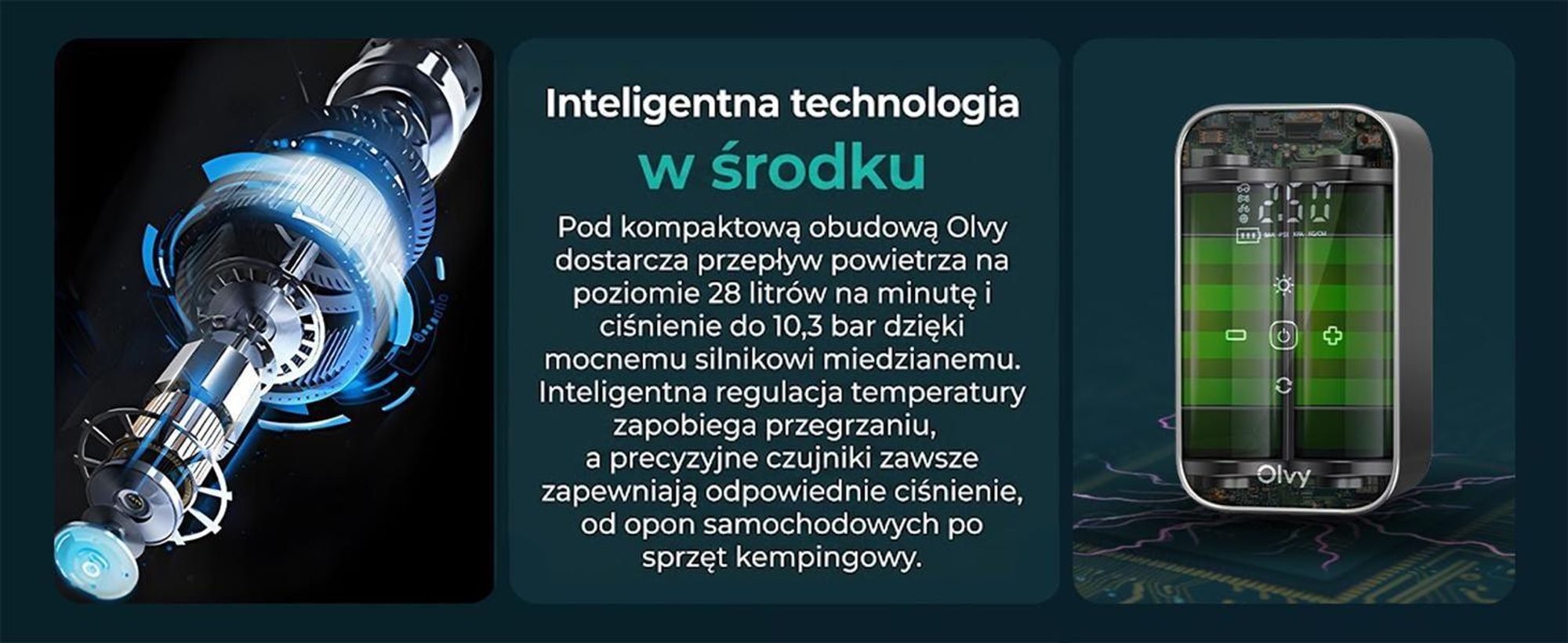 Olvy Elektryczna pompka powietrza z power bankiem 6000 mAh - 12V mini kompresor do samochodu, roweru, piłek, materacy dmuchanych, wyświetlacz, LED, automatyczne wyłączanie