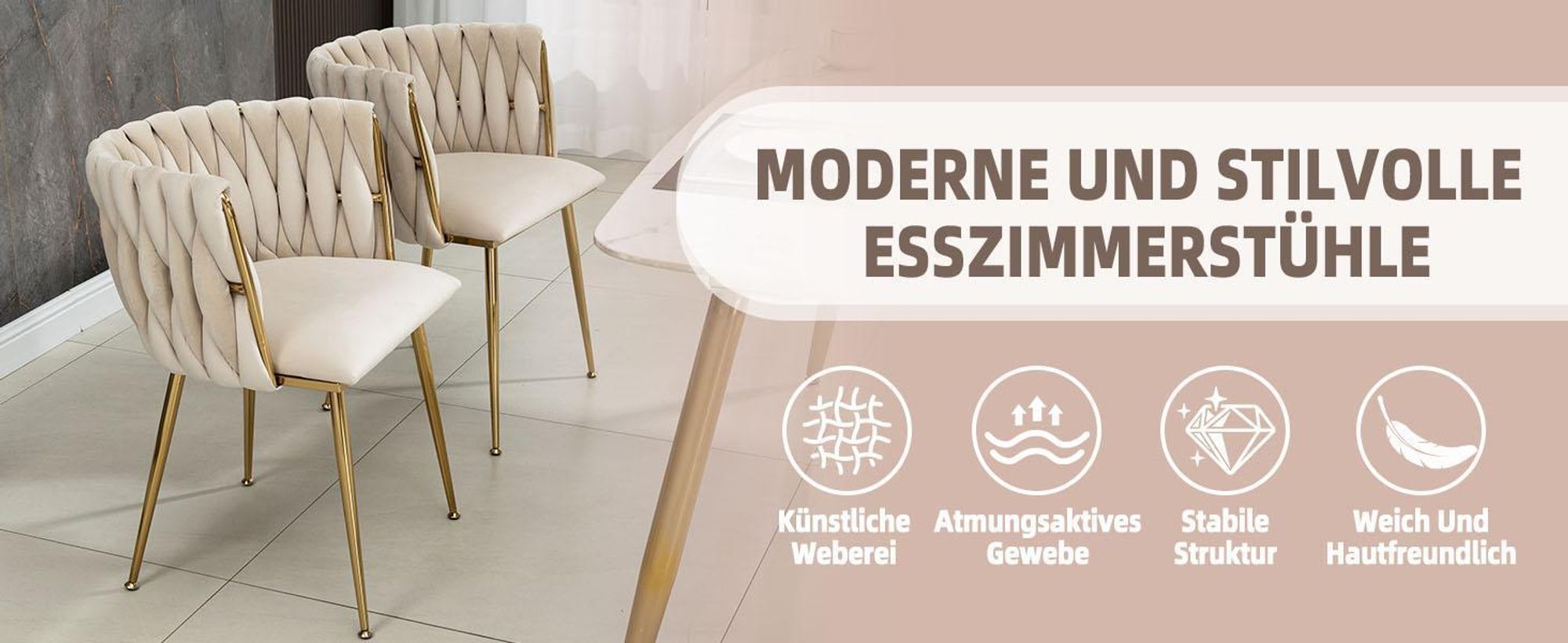 LVHOM Esszimmerstühle Samtbezug Wohnzimmerstuhl 2er Set Polstertuhl Geflochtener Stil, Esszimmer Stuhl, Goldene Metallrahmen, Grau