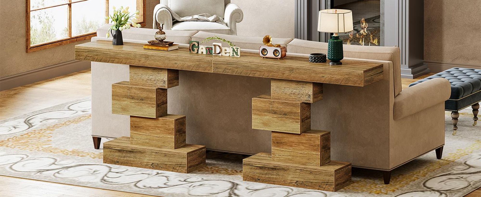 Consolle Tribesigns, tavolino da divano in legno stretto 108 cm dietro il divano con base geometrica salvaspazio, tavolino da ingresso (rovere chiaro)