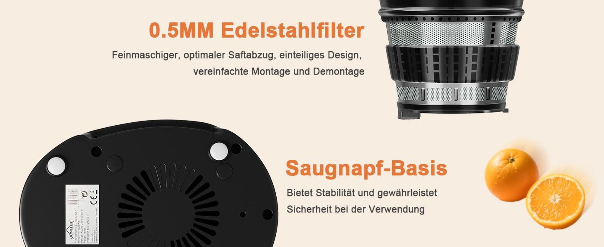 HOMELUX Entsafter 140 MM Slow Juicer 150W Einfüllschacht für Ganze Gemüse und Obst Kaltentsafter Elektrische mit 2 Tassen Reinigungsbürste, Silber