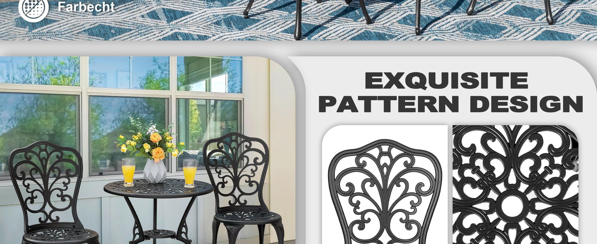 Avestar 3-teiliges Bistro Set aus Aluminiumguss, Gartenmöbel Set, Balkonmöbel, runder Bistrotisch mit 2 Gartenstühlen, Schwarz