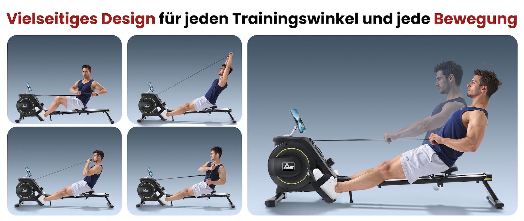 AsVIVA RA11 Rudergerät Heimtrainer, Generatorbetrieb ohne Stromanschluss, Bluetooth-App & Pulsmessung, 6,5 % Schienenneigung, platzsparend, bis 135 kg