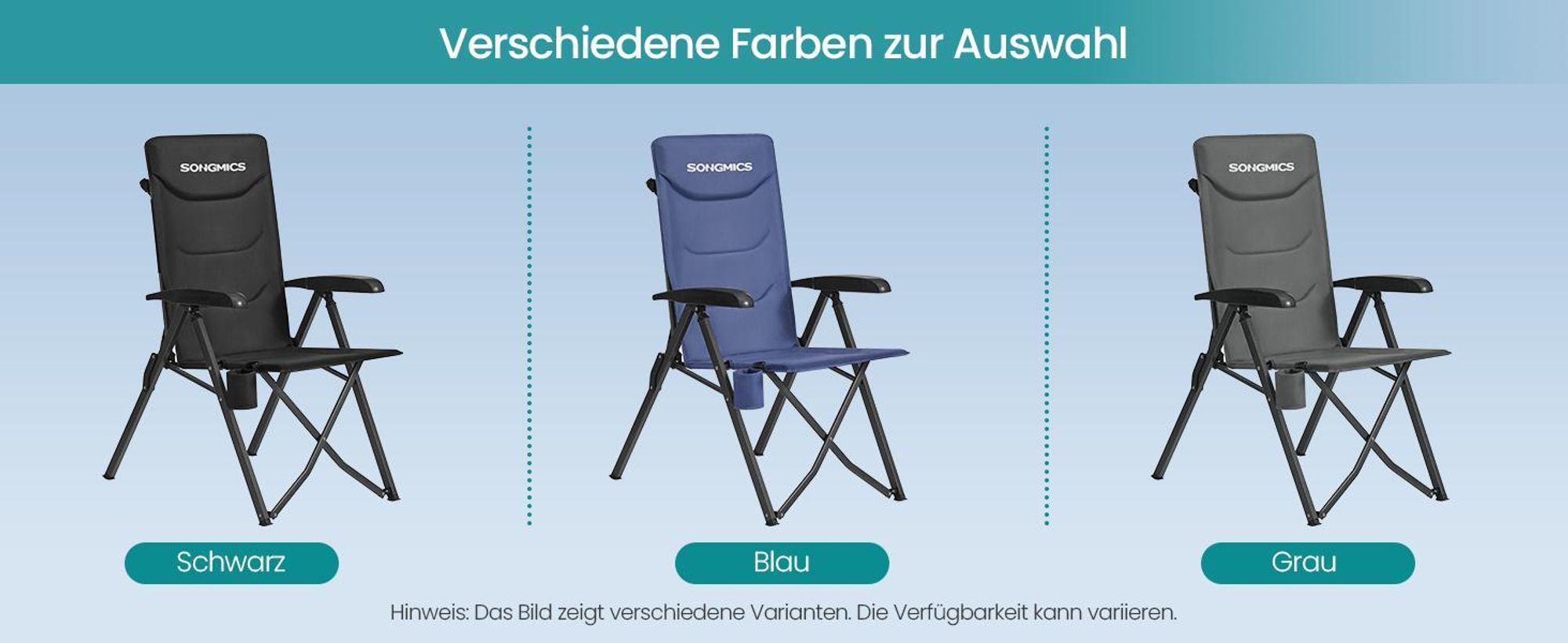 SONGMICS Campingstuhl, verstellbare Rückenlehne 95°-150°, Getränkehalter, Tragetasche, Angeln, Garten, Camping, grau