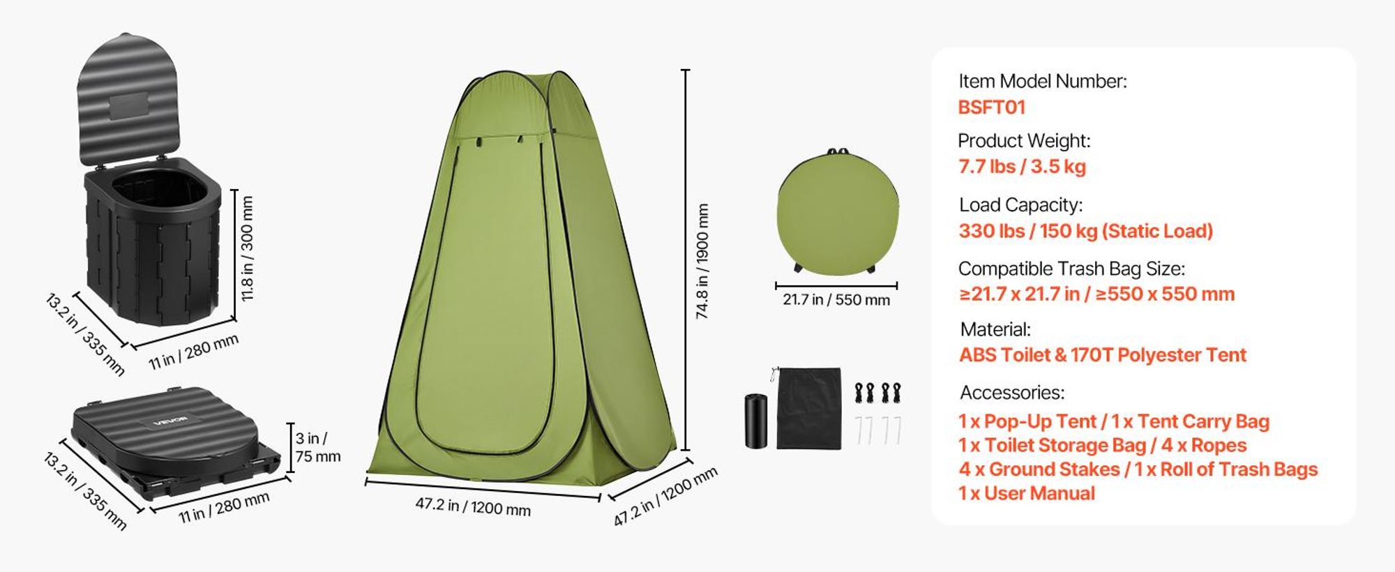 VEVOR Tragbare Campingtoilette 150 kg Belastbar, Mobile Toilette Faltbar, Reisetoilette mit Tragetasche & Müllbeuteln & Aufklappbarem Sichtschutzzelt, Geeignet für Wohnmobilreisen Camping Wandern