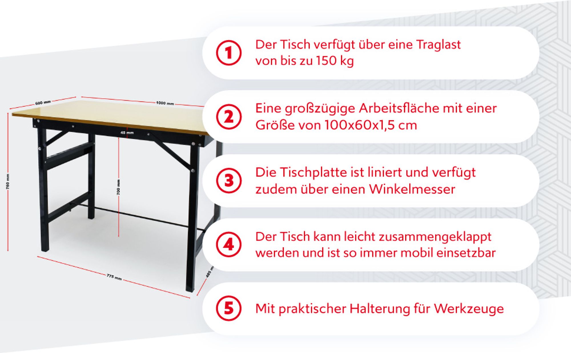 Wiltec Werkbank 100 x 60 x 76 cm klappbar, Werktisch faltbar, linierter Arbeitstisch bis 150 kg belastbar, Werkstatteinrichtung aus Stahl und Holz