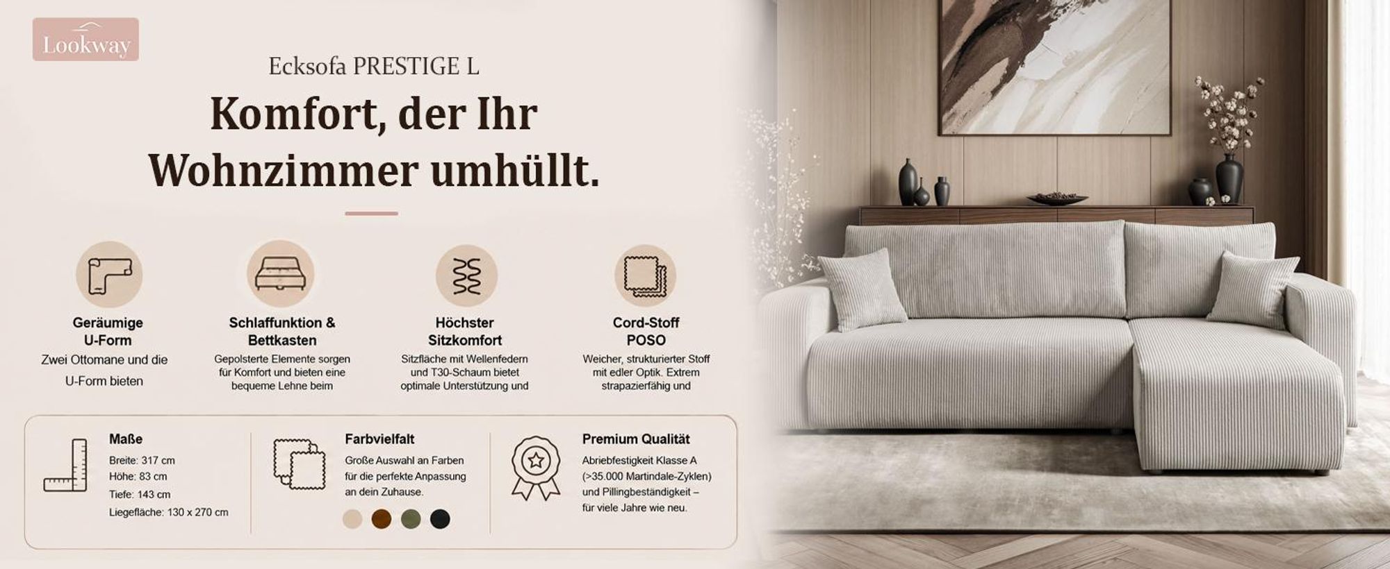 Ecksofa PRESTIGE L, mit Schlaffunktion und Bettkasten, Poso 100