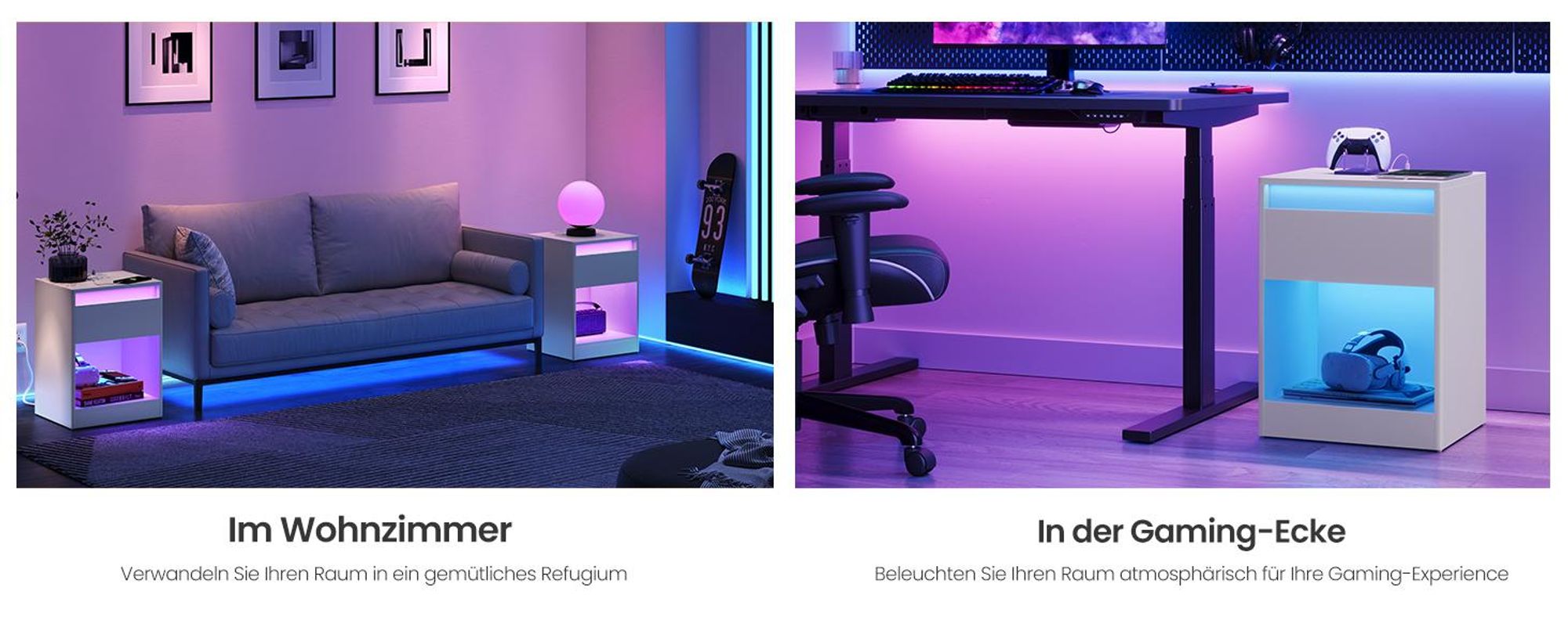 VASAGLE Nachttisch mit einstellbarer LED, Beistelltisch mit Steckdosen