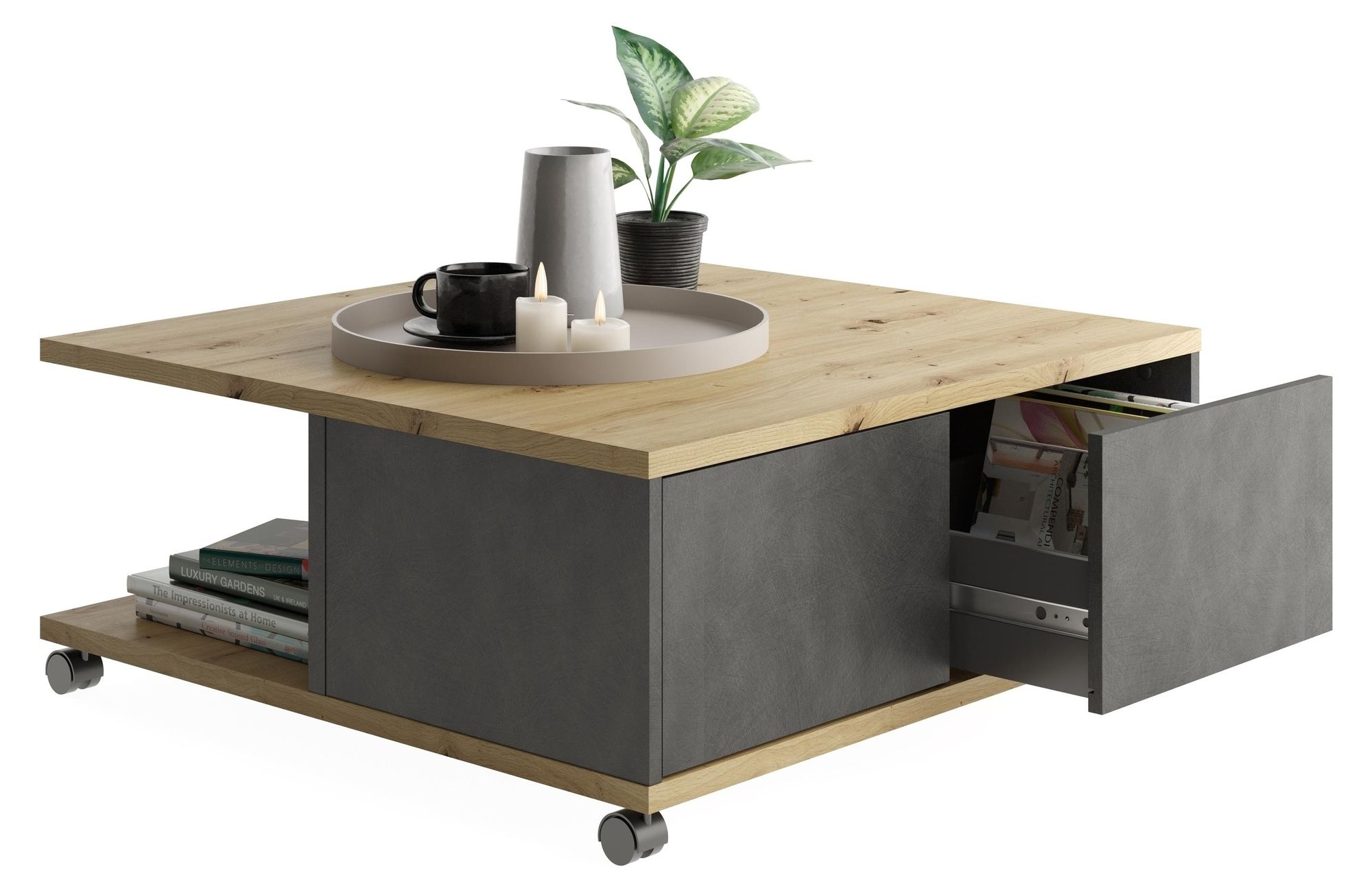 Couchtisch TWIN 1 – moderner Couchtisch mit Stauraum und rollbaren Füßen