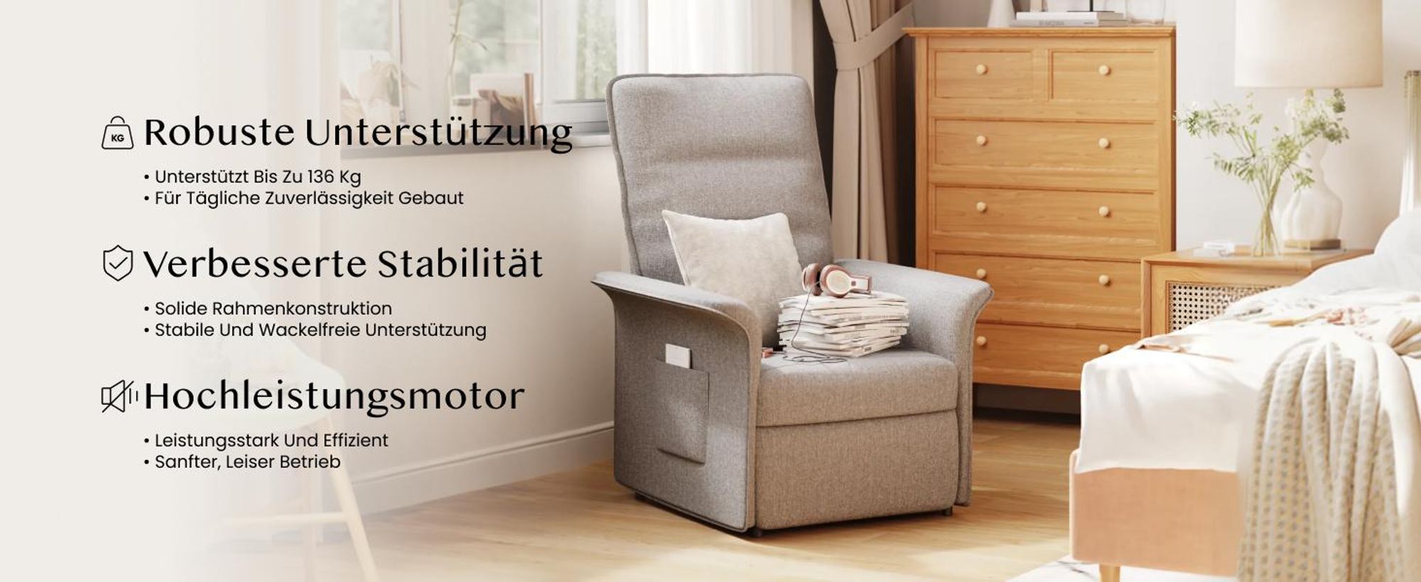 FLEXISPOT Elektrischer Relaxsessel mit Liegefunktion 105°–155°, Verstellbarer TV- & Fernsehsessel für Wohnzimmer, Rückenlehne & Fußstütze (Lichtgrau)