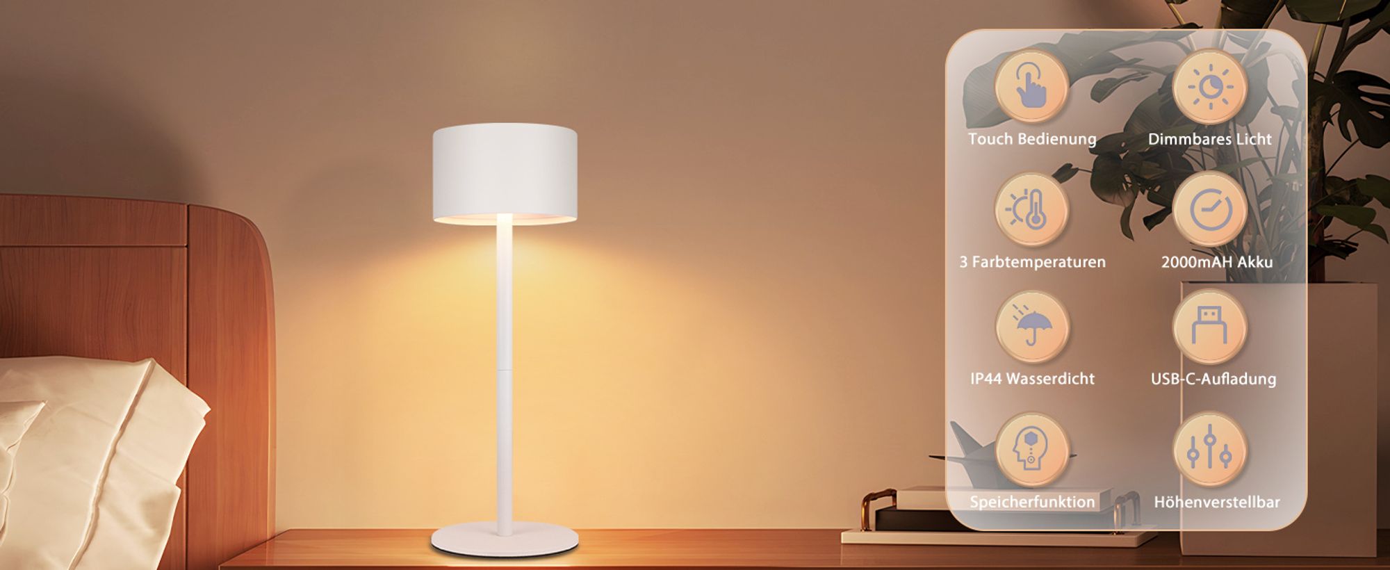 ZMH Tischleuchte Weiß 2ER nachttischlampe Touch Dimmbar Akku Tischlampe Kabellos LED USB mit 3 Farbtemperaturen Höhenverstellbar Aufladbar
