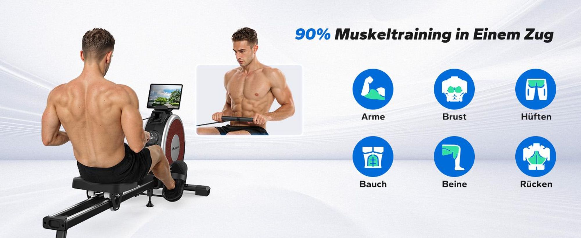 Klappbares magnetisches Rudergerät – leise, 16 Stufen Widerstand, Doppel-Schienen, Bluetooth-App & Tablet-Halter, LCD-Display, bis 158 kg, Heimfitness