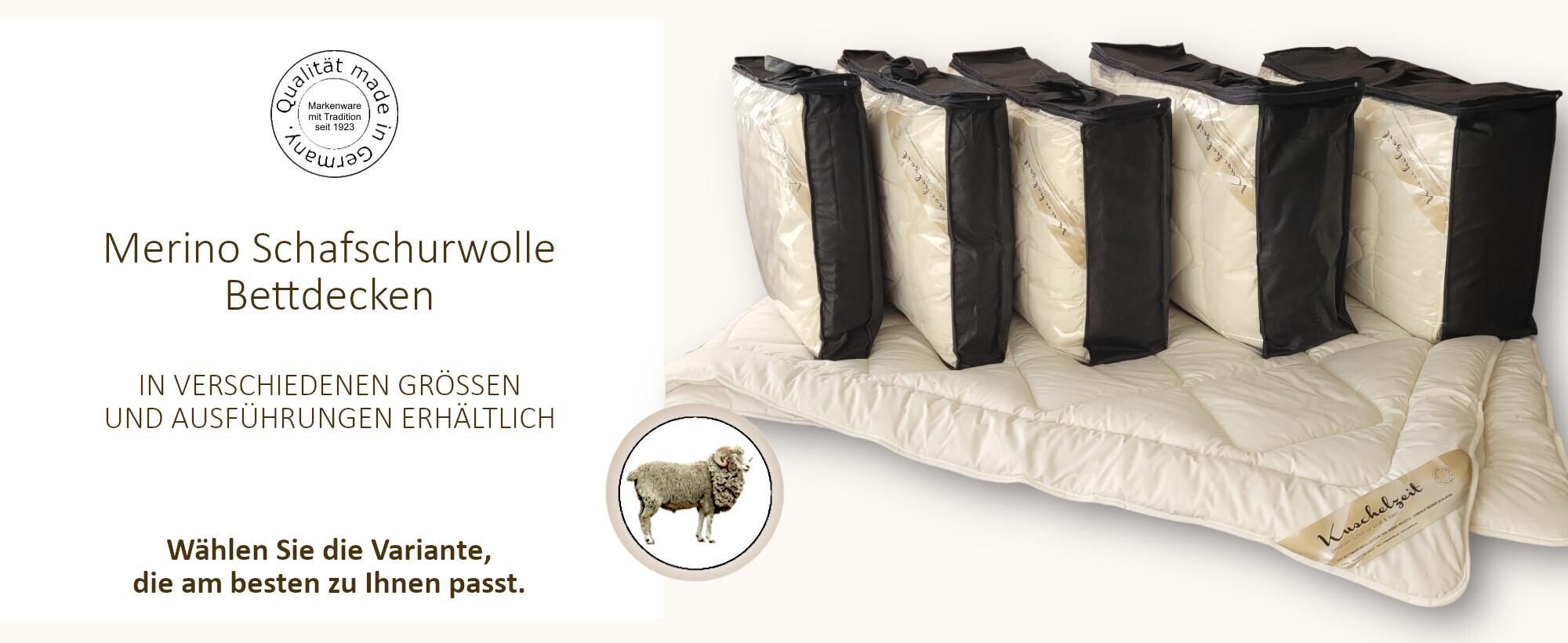 Merino Schafschurwolle Bettdecken in verschiedenen Ausführungen.