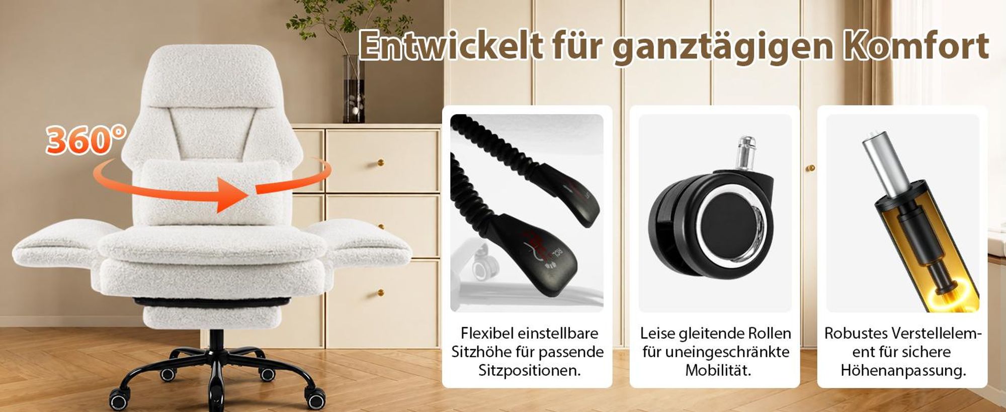 Drehstuhl Bürostuhl Ergonomisch mit klappbaren Armlehnen, Gaming Stuhl mit Fußstütze & 135° Verstellbarer Rückenlehne, Weiß -Teddy-Fleece-Stoff