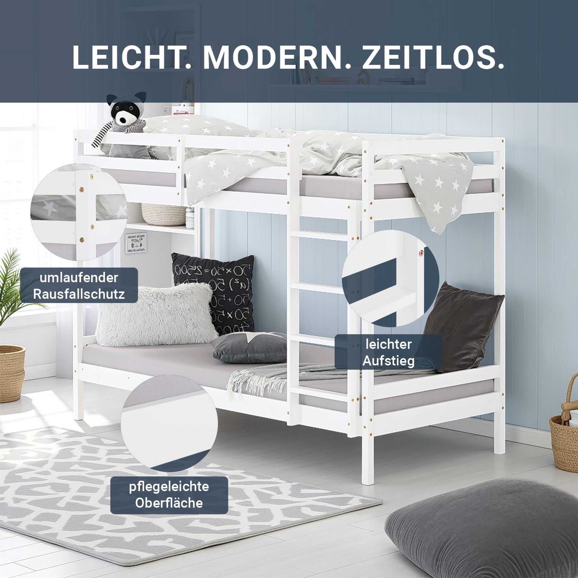 Das Etagenbett mit 2 Liegeflächen ist modern und zeitlos gestaltet.