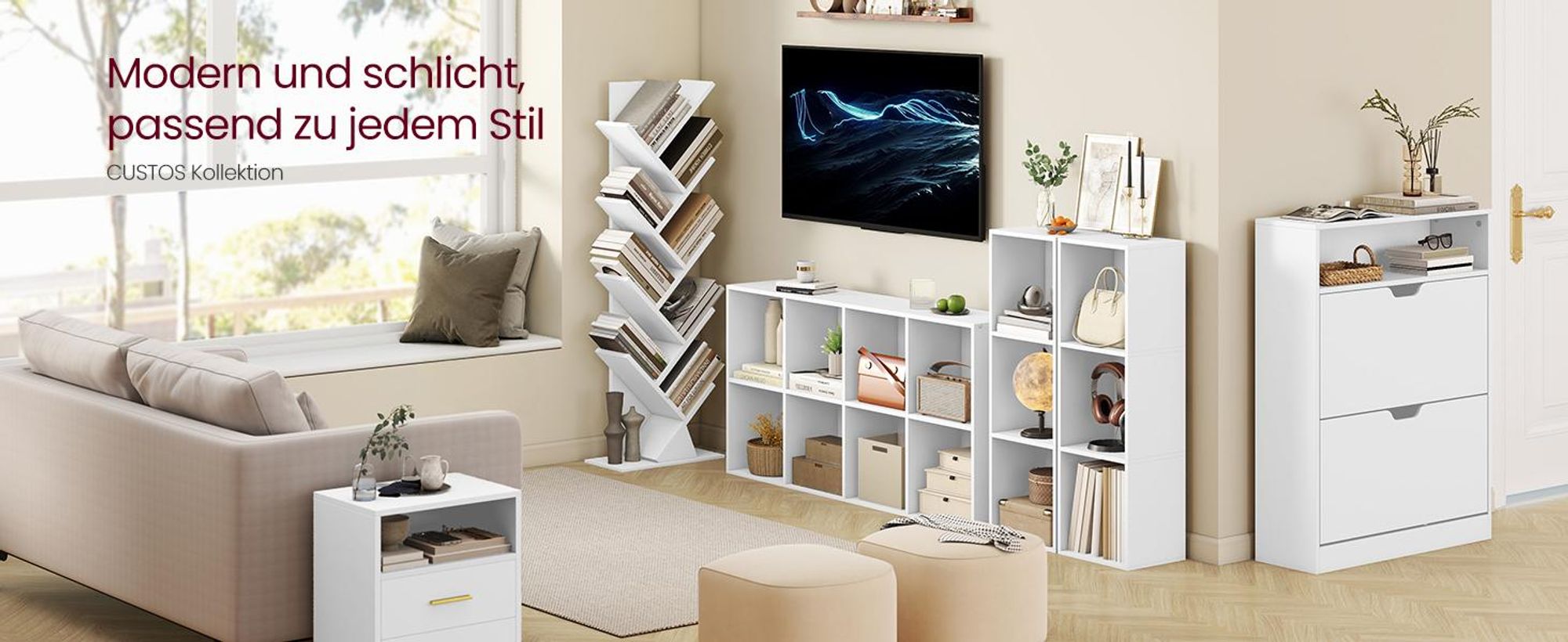VASAGLE Standregal in Baumform, Bücherregal, 20 x 38 x 115,2 cm, weiß