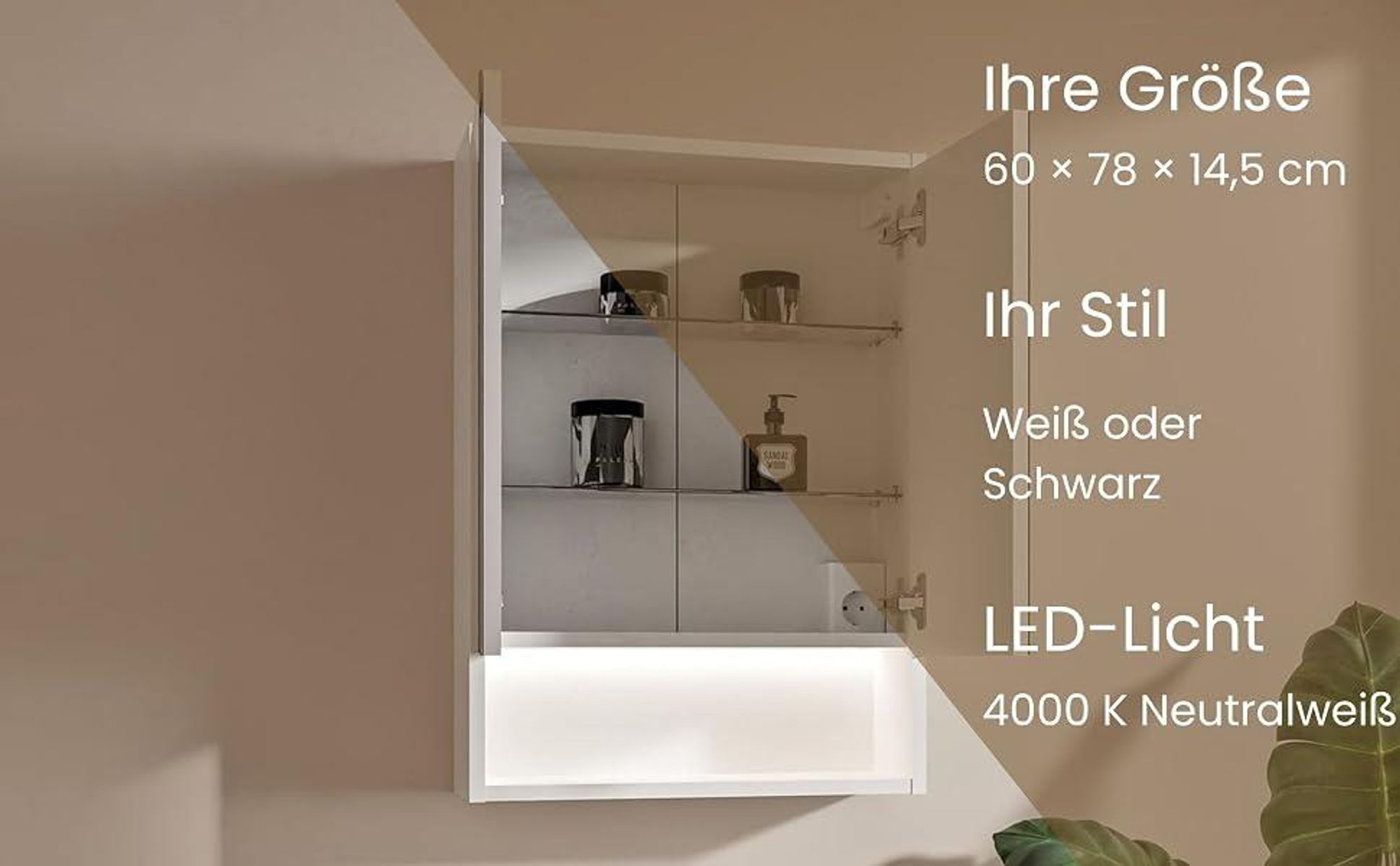LED Spiegelschrank Bad 60x78 cm Weiß mit Beleuchtung 4000K Steckdose Schalter Badezimmerschrank Hängeschrank