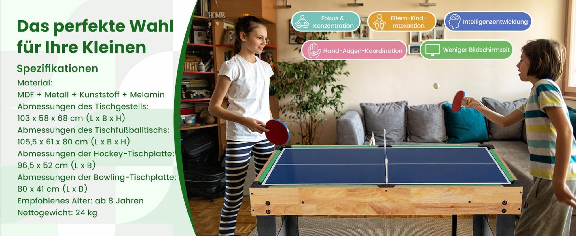 COSTWAY 10 in 1 Muli Spieltisch, Tischkicker, Multifunktionstisch mit Tischfußball, Hockey, Billard, Shuffleboard, Bowling&4 Brettspiele, Kombi-Tisch