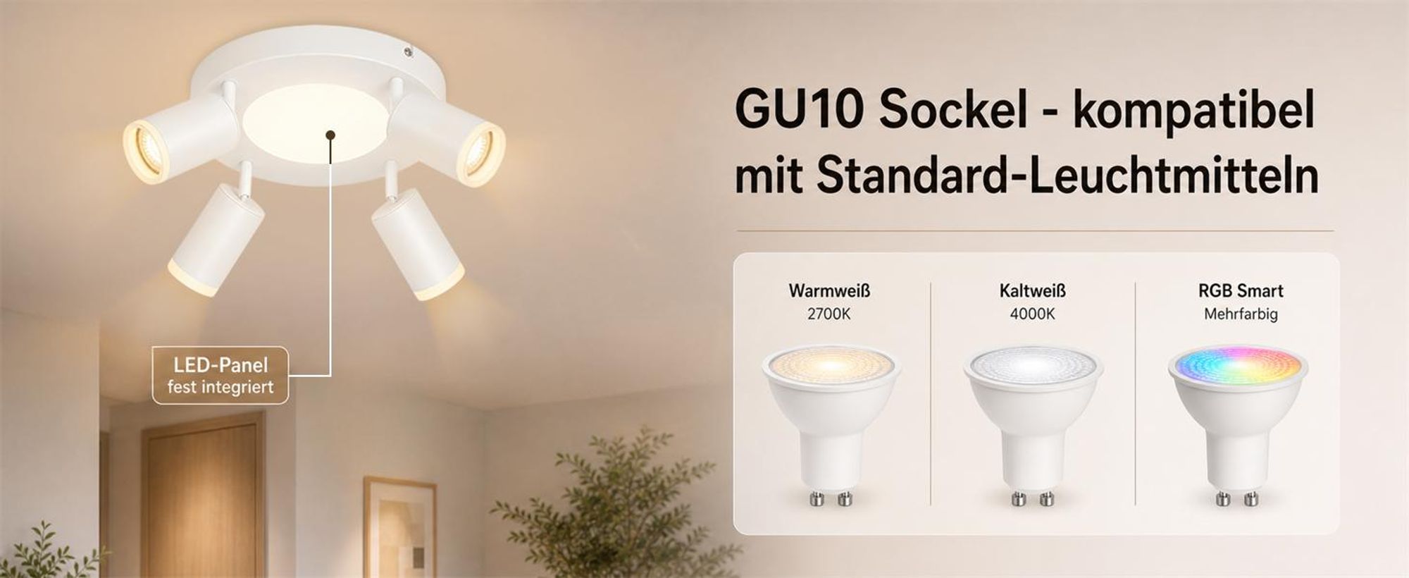ZMH Led soffitto 4 fiamme soffitto spot GU10 camera da letto lampada 3000k bianco cucina lampada 20W soffitto faretto orientabile per soggiorno cucina camera da letto
