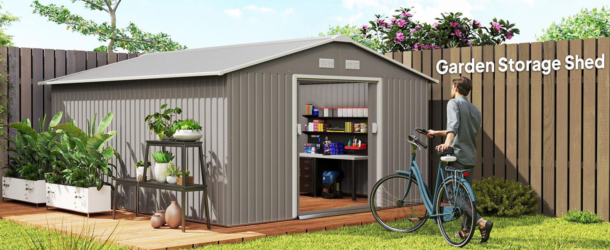 Domek ogrodowy Outsunny 12,4 m², z dachem dwuspadowym, drzwiami przesuwnymi, fundamentem, 386 x 340 x 200 cm, ocynkowany stalowy domek narzędziowy, odporny na warunki atmosferyczne, do ogrodu, jasnoszary