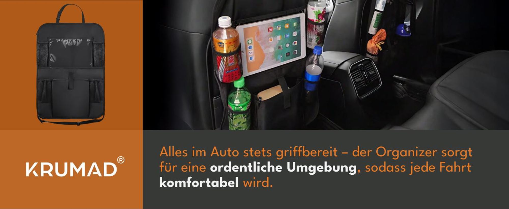 KRUMAD Auto Rücksitz Organizer für Kinder – Rücksitzschoner mit Tablet-Fach & großer Aufbewahrung – Sitzschutz gegen Schmutz mit vielen Taschen