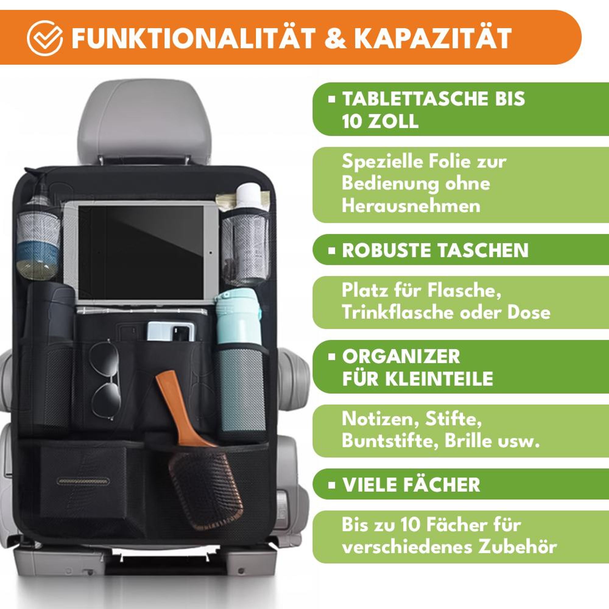 KRUMAD Auto Organizer Rücksitz 61×41 cm – Kofferraum/Autositz Organizer mit Tablet-Halter bis 10", 10 Taschen & 2 Kopfstützen-Haken, wasserdicht